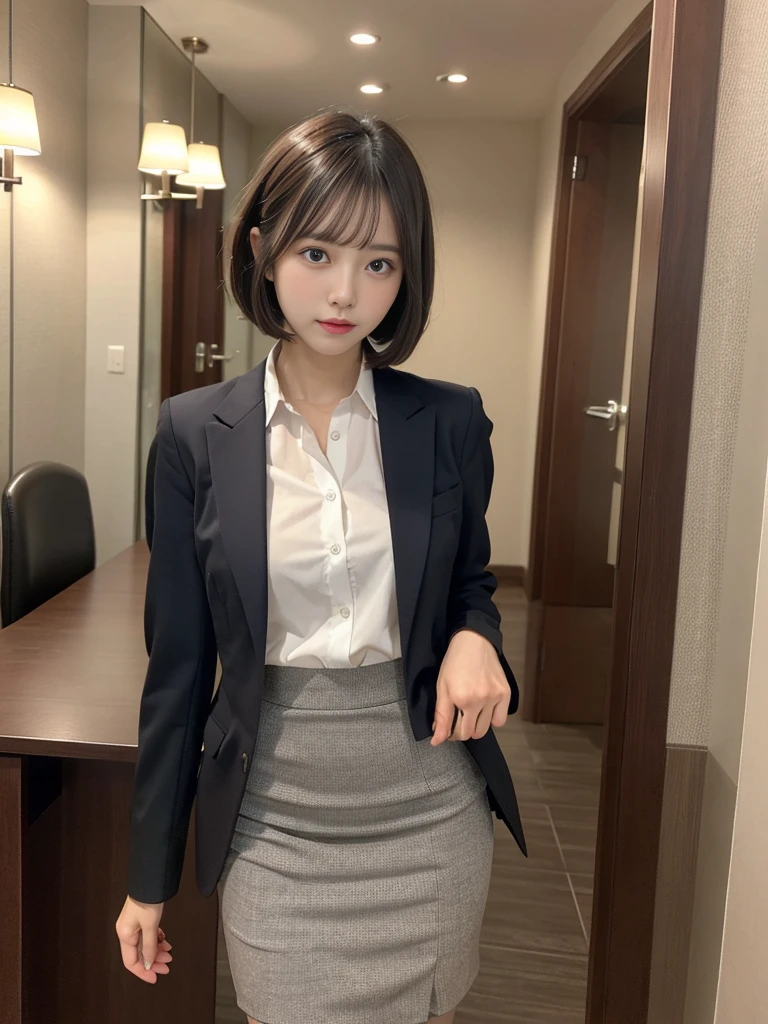 (tmasterpiece,best qualtiy,Very detailed,8K,wall-,Hyper-detailing),(RAW Photos:1.2),Short Bob Cut Hair,
1girll, 独奏,A room in a hotel, small head rack long pants, pencil skirt business suit,stand at premium desk,On the way to changing clothes,Take off your skirt and wear pantyhose