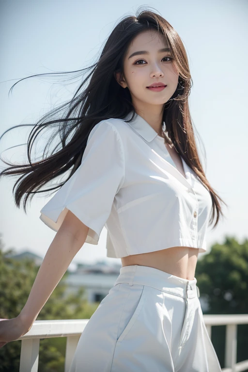 (realisitic、Photorealsitic:1.37)、(8K、Raw photography、top-quality、​masterpiece:1.2)、cute little、ultra-detailliert、Heart-shaped pupil、physically-based renderingt、超A high resolution、Kodak Vision Color、Captured with an Arricam LT camera、bokeh dof、foco nítido、looking at viewerer、Photorealsitic、realisitic、独奏、Photorealsitic、top-quality、extra detailed face、extremely detailed eye and face、beatiful detailed eyes、absurderes、信じられないほどabsurderes、haunting smile、hair messy、Floating hair、、white skirt dancing in the wind,Beautifully detailed、Visible white pants、Beautiful in every detail、Bust shot shooting。