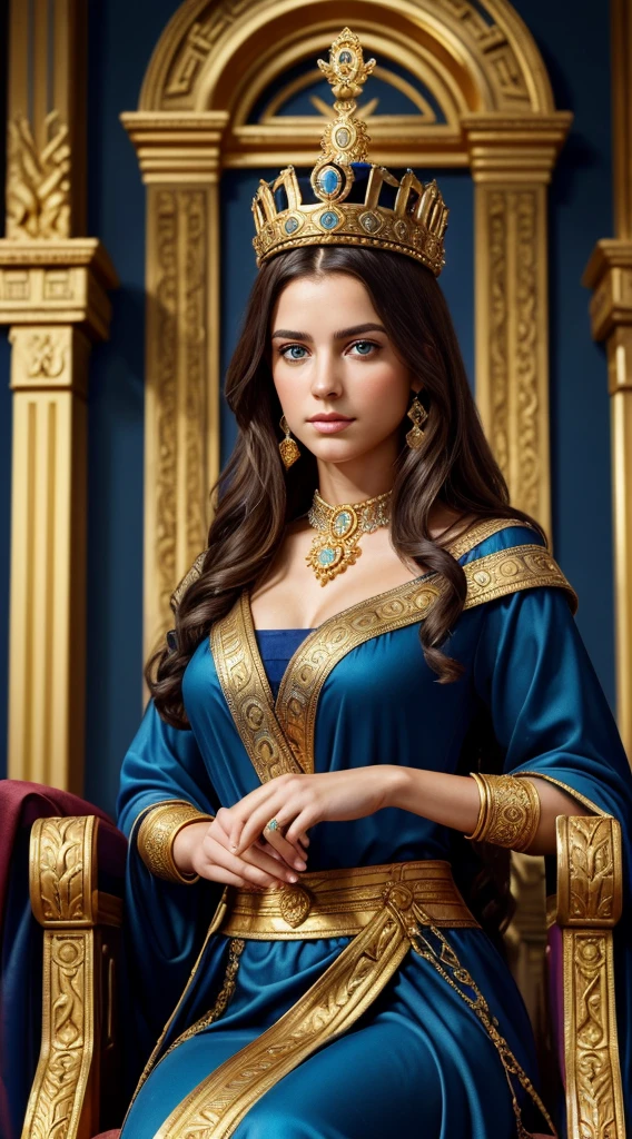 (detailed Greek queen on a golden throne,dark wavy hair,deep blue eyes,perfectly sculpted face and body,royal attire,golden crown,imposing posture),(oil painting:1.2,glossy finish,rich color palette),ornate throne,tall marble pillars with intricate carvings,elaborate golden details,opulent palace as the background,soft warm lighting,dramatic shadows worn by the queen),(best quality,4k,highres),vibrant colors,rich textures,realistic details,sharp focus,masterpiece:1.2),(ancient Greek,renaissance,royal portraits)