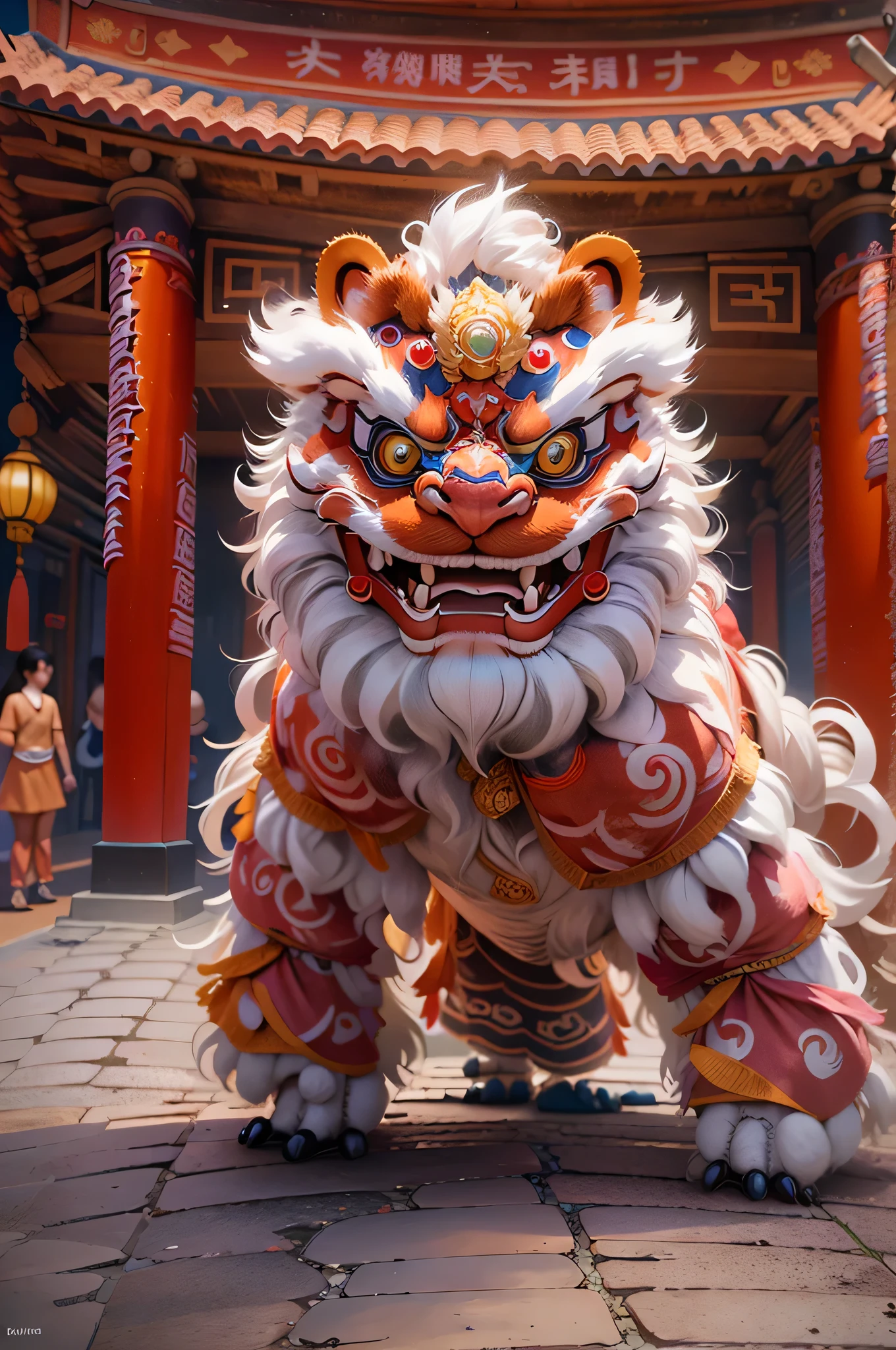 China-style，lion dance ,highly detailed surreal vfx，Smudge，Faraway view，super-fine，ultra - detailed，high qulity，8K ，oc rendered，dynamic viewing angle,full view