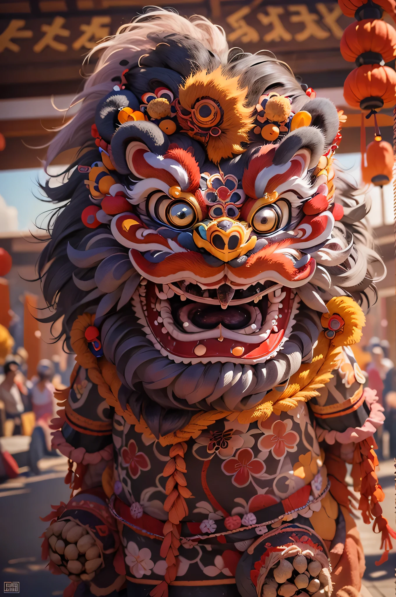 China-style，lion dance ,highly detailed surreal vfx，Smudge，Faraway view，super-fine，ultra - detailed，high qulity，8K ，oc rendered，dynamic viewing angle,full view