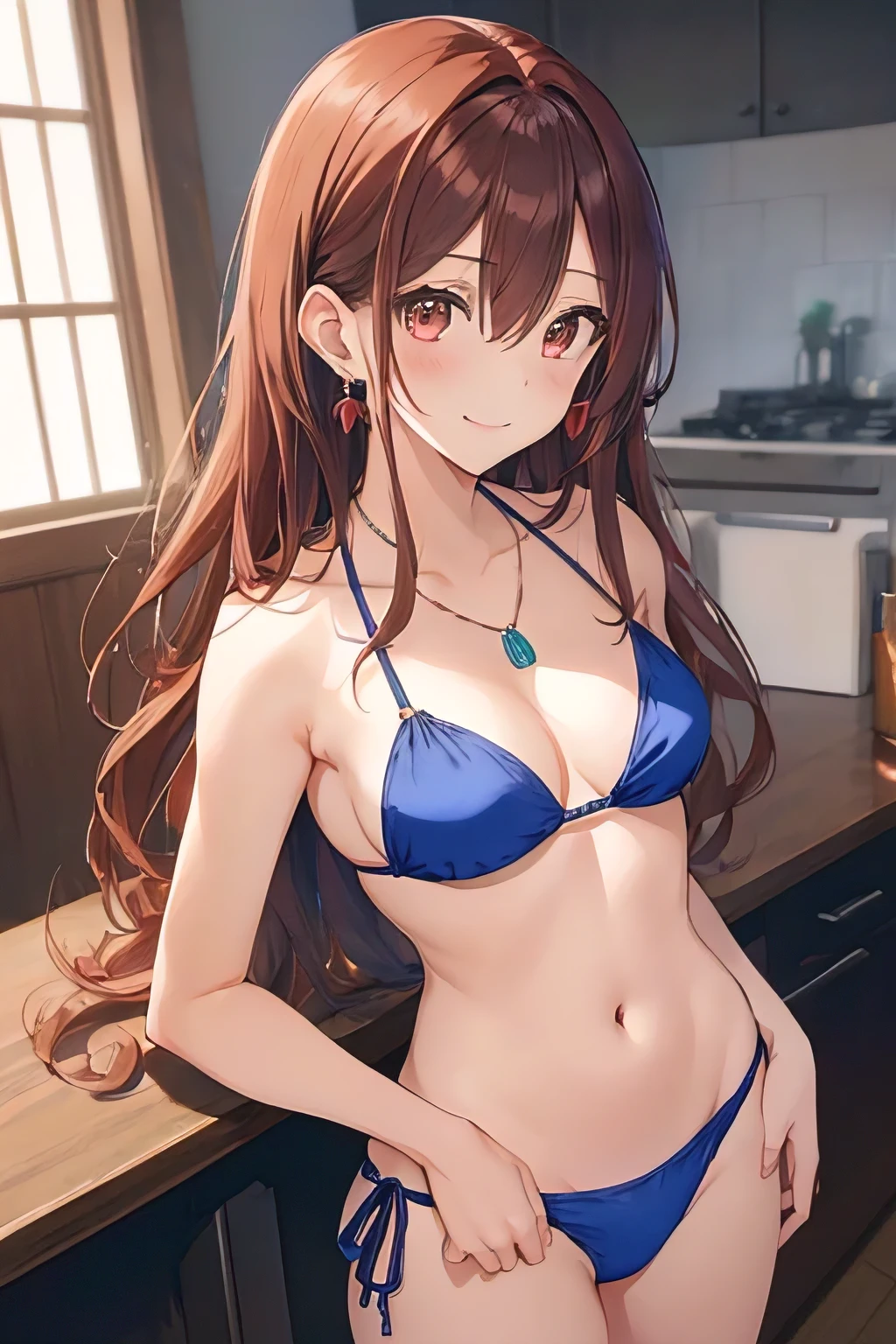 ((masutepiece, Best Quality)),Very detailed,  Eyes,medium breasts,Standing,Lisa Imai,1girl in,Smile, Blue_, brown_hair, , earrings, full_Body,  Jewelry, long_hair, up looking_で_viewer ,plead、Red bikini、The background is indoors