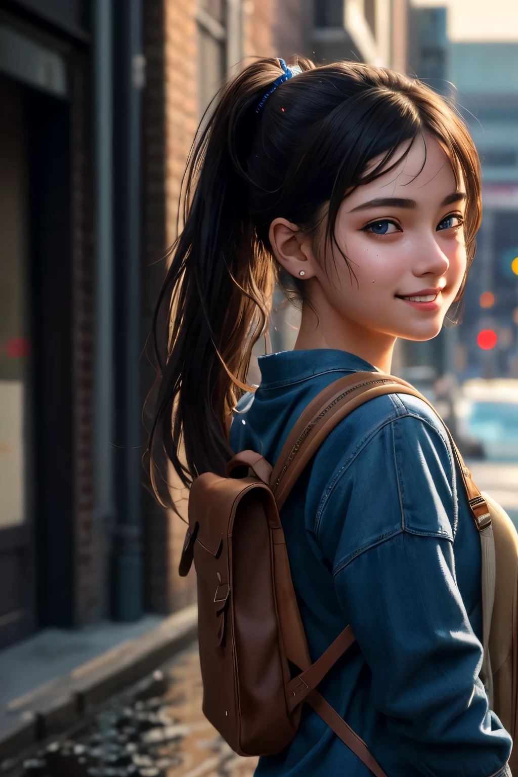 fashion style, masterpiece, best quality, 8k, artstation, sharp focus, (ultrarealistic:1.5), (high details:1.4), raw photo of a young woman, street smiling, backpack, ponytails, faded, complex stuff around, intricate background, soaking wet, (Cinematic:1.4),