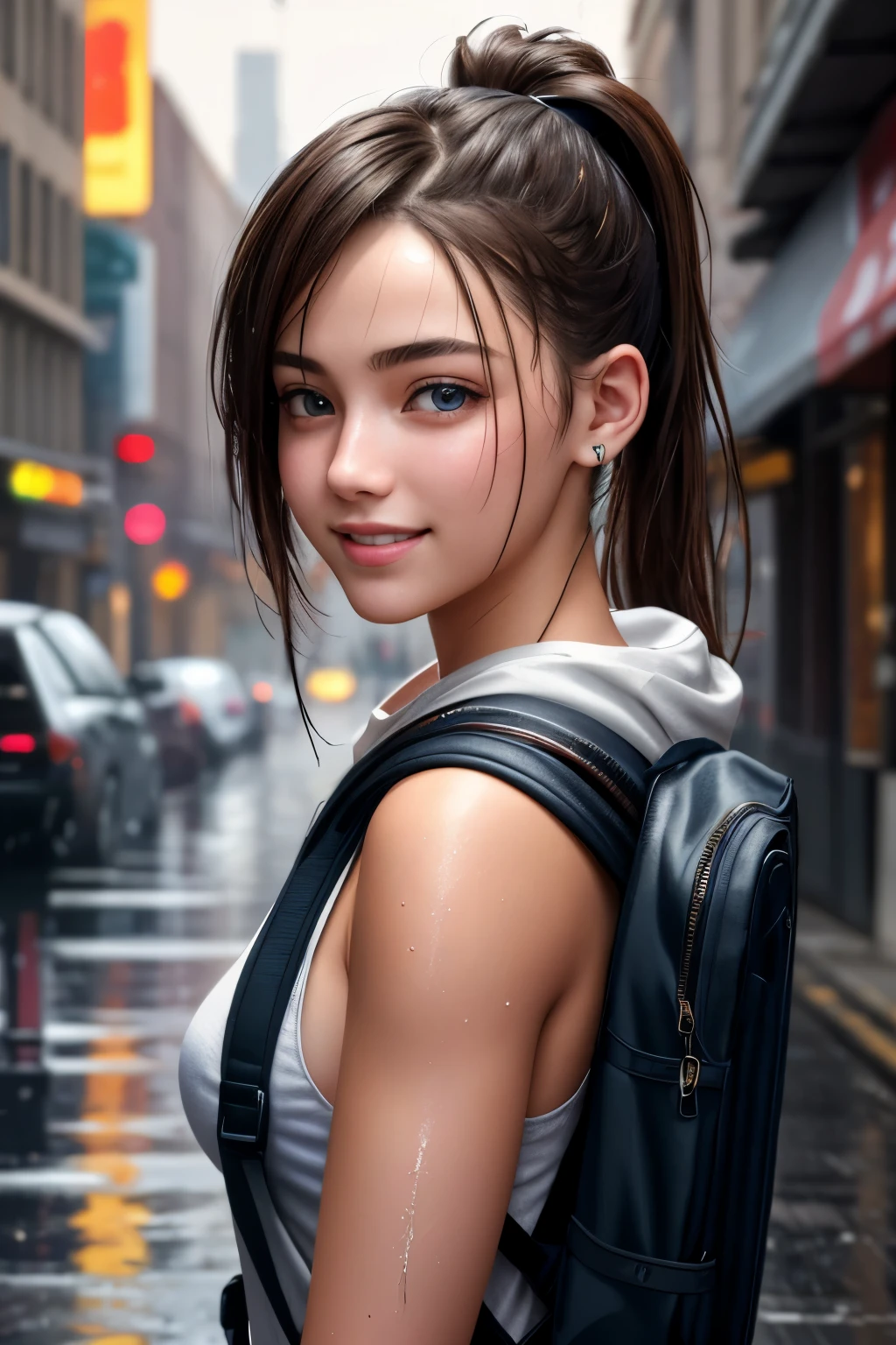 fashion style, masterpiece, best quality, 8k, artstation, sharp focus, (ultrarealistic:1.5), (high details:1.4), raw photo of a young woman, street smiling, backpack, ponytails, faded, complex stuff around, intricate background, soaking wet, (Cinematic:1.4),