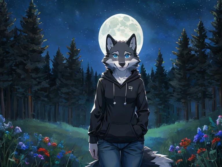 Masterpiece, Best quality, 1 wolf furry anthro girl, grey wolf furry, blue eyes, wear black hoodie with farmer pants, smile, in the forest, Night, stars in the sky, Full Moon