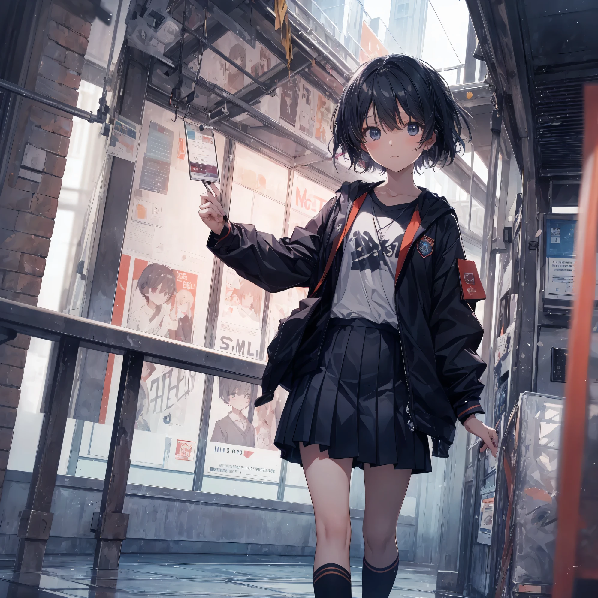 Super high quality by the art god, Ultra-detailed, High resolution, Shinkai Makoto style, anime moe art style, best anime 8K konachan wallpaper, Pixiv Contest Winner, Perfect Anatomy, BREAK,(Please draw a sleepy girl going to school alone.. ),BREAK, a hyperrealistic schoolgirl, (Solo,Lori,child,13years:1.3),Full limbs, complete fingers,a junior high school student, Androgynous attraction, (Very short hair), hair messy, flat chest, Small butt, groin, Small eyes,Beautiful detailed black eyes, Well-proportioned iris and pupils, disgusted eye, High resolution detailed hair, School uniform, Skirt, On the way to school. BREAK,Ultra-detailed細なスキン, Best lighting by famous artists, 8K,Cute illustration,