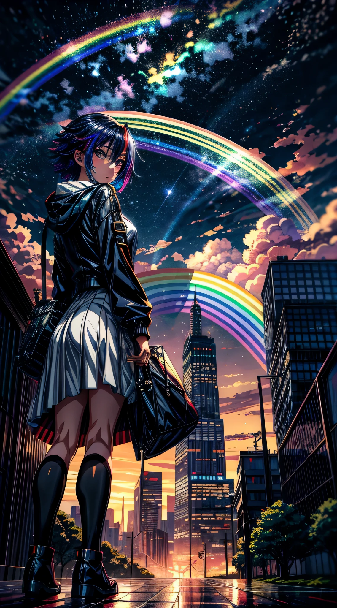 ((rainbow daytime sky))、Anime girl looking at big city scenery,Near Future City、 makoto shinkai cyril rolando, Anime art wallpaper 4k, Anime art wallpaper 4k, Anime art wallpaper 8K, inspired by Cyril Rolando, Dan Mumford art style, Stunning wallpapers, author:Yumi