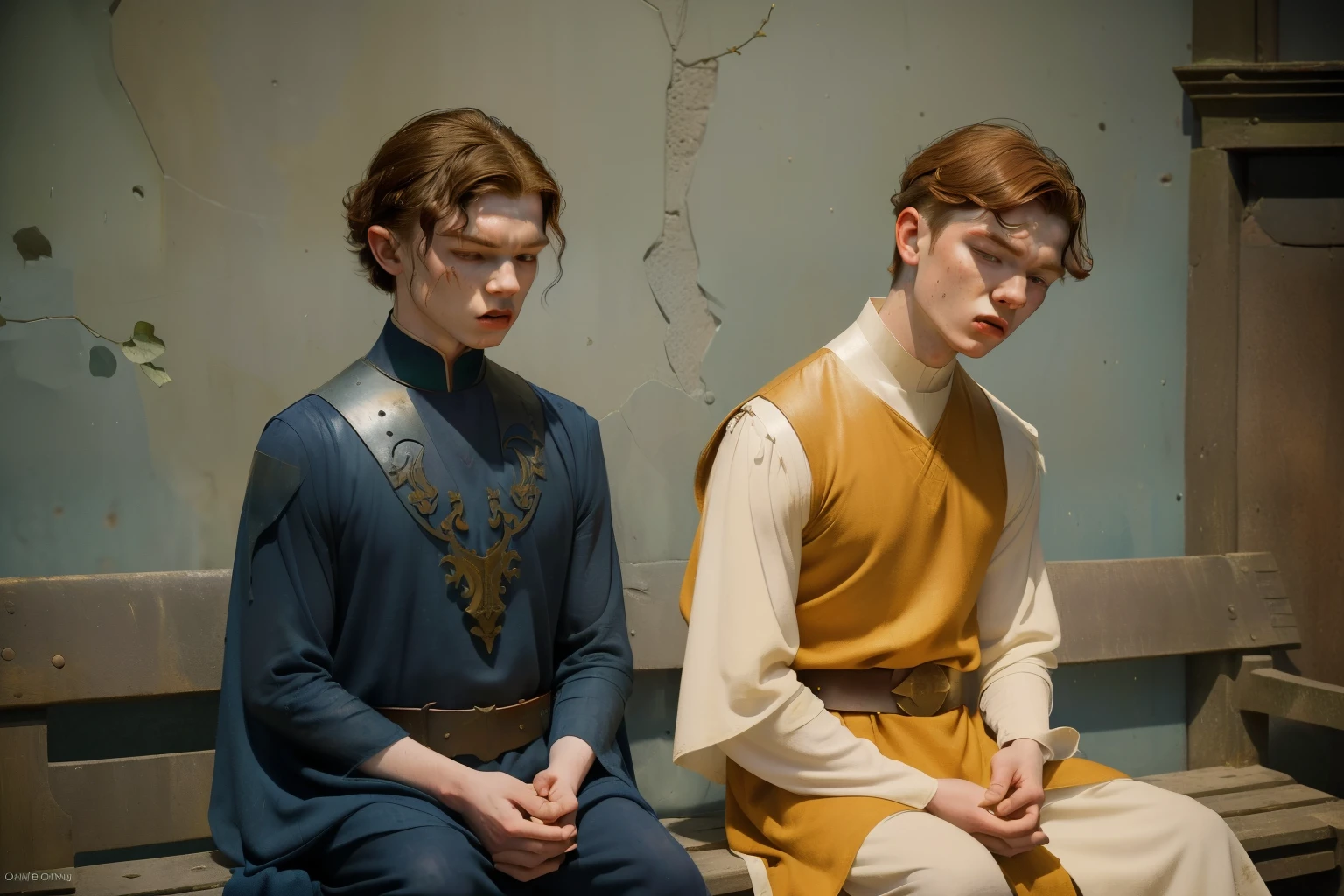 1142, Kingsbridge, England. otherworldly scene in a medieval monastery, ((((21-year-old)) Levi Miller and Cameron Monaghan)), sitting apart on a stone bench, ((angry expression)), after a fight, bruised, black eye, hurt, ((((tunic from the 12th century)))), ((Hairstyle of the 12th century)), ((Wes Anderson cinematic style)), colorful