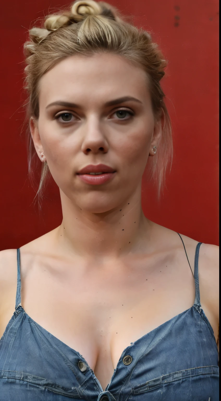 [(random photo of  Scarlett Johansson )] ( full body shot,random photograph, large breasts, denim, solo, ponytail,  shorts, Tall woman, red color tight big t-shirt, , tall woman ) (insanely detailed skin texture, attractive texture, wrinkles,pores) [depth of fields] ( detailed textures) ((perfect body parts, hyper photorealistic  lighting, 85mm, 100mm lens ))