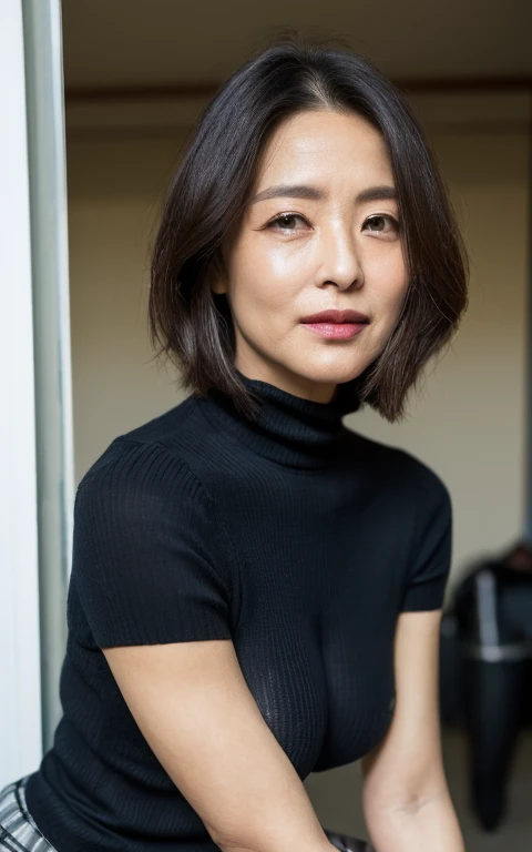 Best Quality, hight resolution, Hires, Skin definition, Detailed skin, Detailed eyes, Detailed face, 4K, 日本人A MILF, ((独奏)), (((55 years old))), (Wrinkles at the corners of the eyes:1.6), (nasolabial folds:1.3), (((Very large breasts:1.28))), A MILF, glamor, A sexy, Chromo-white skin, ((Shorthair)), Looking at Viewer,(((my skin is old))), ((muscles are old)), (((A slender))), ((Saggy udder)), (Saggy buttocks), ((Japanese Models)), 4K, (photoRealistic:1.5), Realistic, nffsw, Beautiful, Bimbo, Perfect makeup, small diamond necklace, piercings, ((Brown coat, White turtleneck sweater, Pleated skirt with plaid pattern, Black long boots )), ssmile, Public places,