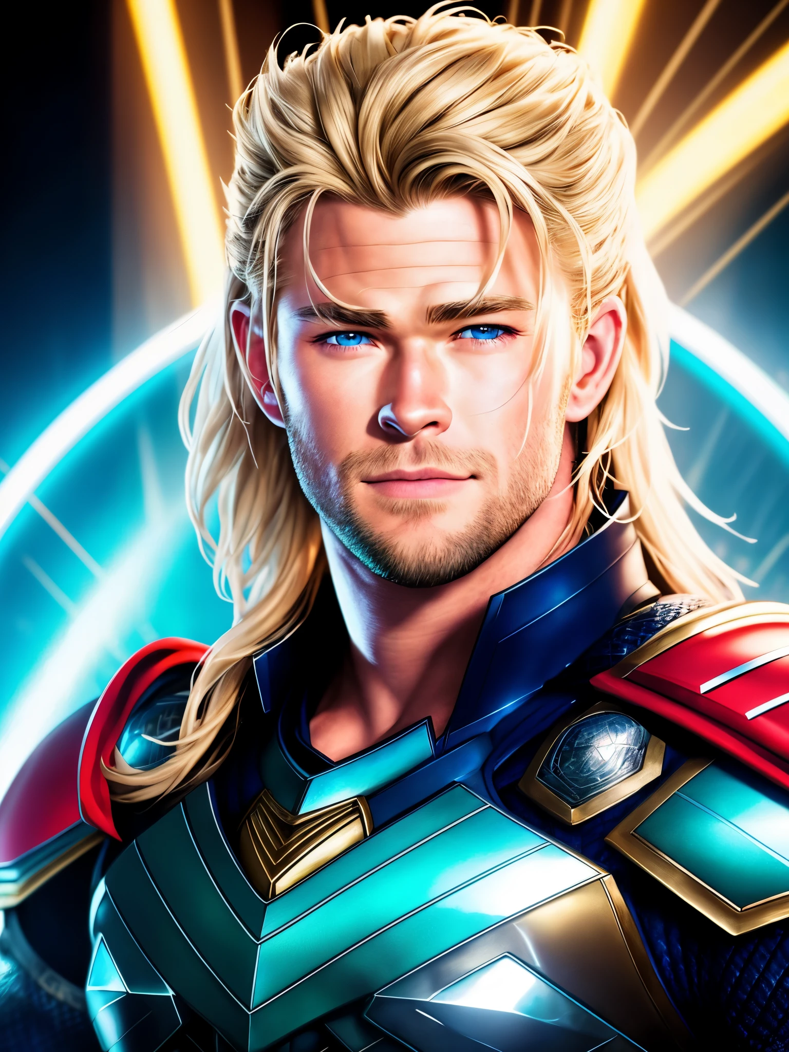 a colorful hd anime painting of a man in a knight armour, portrait of chris hemsworth,Thor,,blue eyes,smiling,Blonde hair,front view,looking at camera,vibrant colors,cute head,wide angle, clean detailed face,analogous colors,glowing shadows,beautiful gradient,depth of field,clean image,high quality,high detail,high definition,Luminous Studio graphics engine.television screenshot, giving a speech, video screenshot, full face frontal centered, but as a photograph, filmation, technocracy, without text, 5d, age 2 0,