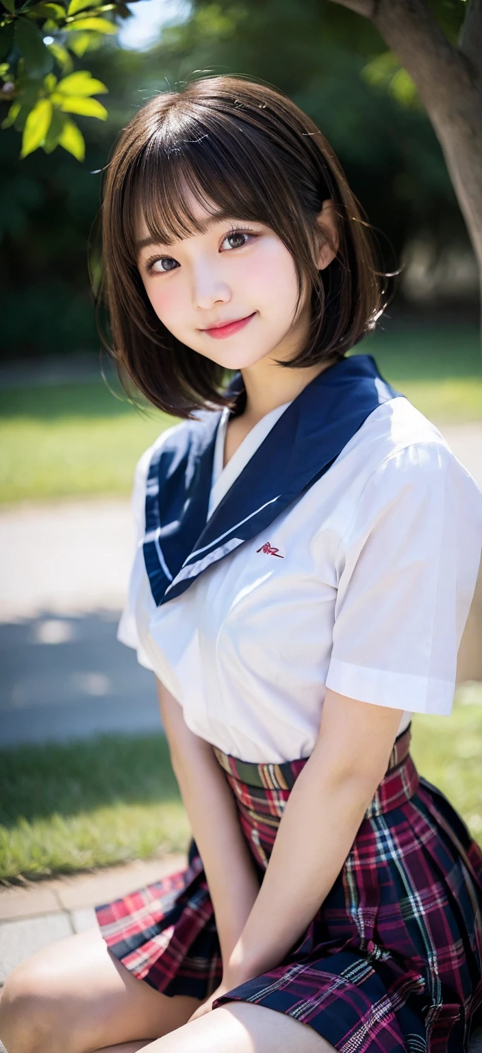 Spread legs, Shoot from below, Looking at the camera, Plaid pleated skirt, Squatting at the middle waist, Japanese student uniform, A slender, Kissing face, idolface, Neat face, Blur the background, bob cuts, Colossal tits, 14years,  Lori, A smile, ​masterpiece, top-quality, Raw photo, Photorealsitic, beautiful a girl, cute little, shorth hair, depth of fields, hight resolution, ultra-detailliert, finely detail, ighly detailed, ighly detailedな目と顔, Sharp pupils, Cinematic lighting