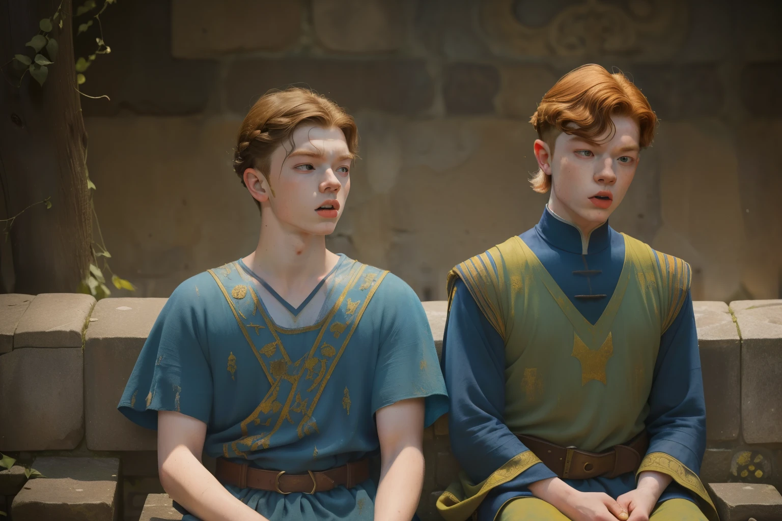 1142, Kingsbridge, England. otherworldly scene in a medieval monastery, ((((21-year-old)) Levi Miller and Cameron Monaghan)), sitting apart on a stone bench, ((angry expression)), after a fight, bruised, black eye, hurt, ((((tunic from the 12th century)))), ((Hairstyle of the 12th century)), ((Wes Anderson cinematic style)), colorful