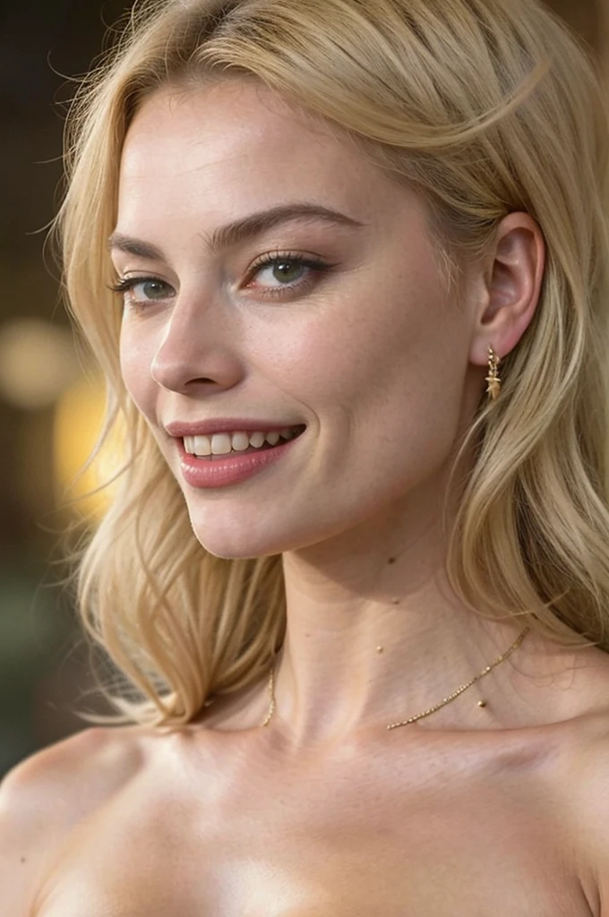photo mid shot solo portrait of [margot robbie naked] as [daenerys targaryen] as a real-life version of (daenerys targaryen), targaryen blonde hair, with (sexy dress), (sexy neckline), charming smile, by Hubert Robert and Alex Timmermans ultra realistic highly detailed intricate photorealistic style photography sharp focus on the eyes, cinematic lighting