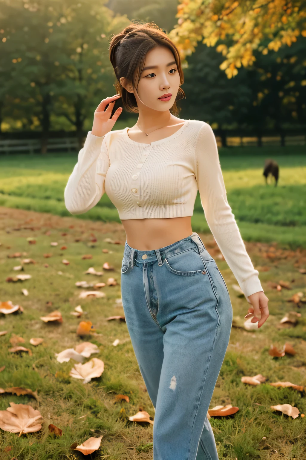 (​masterpiece、high-level image quality、hightquality),(Beautiful Realistic Asians:1.4)、(femele、23years old),cute little:1.3,Good looks、(perfect anatomia、beautiful edgeeautiful skins、modeled)、(Colossal tits、Toned waist)、(Autumn costume、Keep warm)、痛みのあるfemele、Horse grazing farm、Evening glow、Artistic scene、 bobhair、lower one's waist、Sentimental、Distract your gaze、