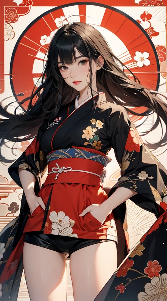 ((8k wallpaper of extremely detailed CG unit, ​masterpiece, hight resolution, top-quality, top-qualityのリアルテクスチャスキン)), (very beautiful and attractive woman, The upper part of the body, Pose like a model with your hands in your pockets:1.5, Wear a Japanese-patterned haori:1.2, Japanese pattern micro mini shorts:1.2), (messy black hair, Plump lips, de pele branca, small tit, legs are thin:1.2), butterflys, florals, (((Colorful background with geometric patterns, Japanese pattern background, warm color))), (high-angle:1.1), (hyper realisitic, digitial painting),