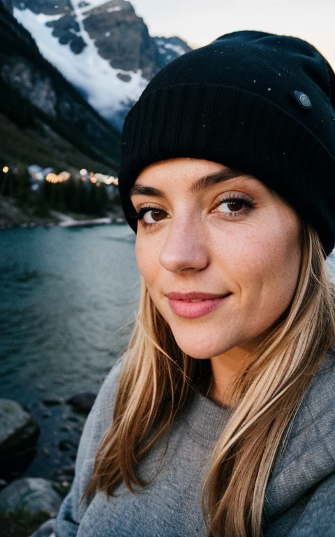 photorealistic, best quality, hyper detailed, beautiful woman, selfie photo, upper body, solo, wearing pullover, outdoors, (night), mountains, real life nature, stars, moon, (cheerful, happy), sleeping bag, gloves, sweater, beanie, flashlight, forest, rocks, river, wood, smoke, fog, clear sky, analog style, looking at viewer, skin texture, film grain, close up, ultra high res, best shadow, RAW, instagram LUT