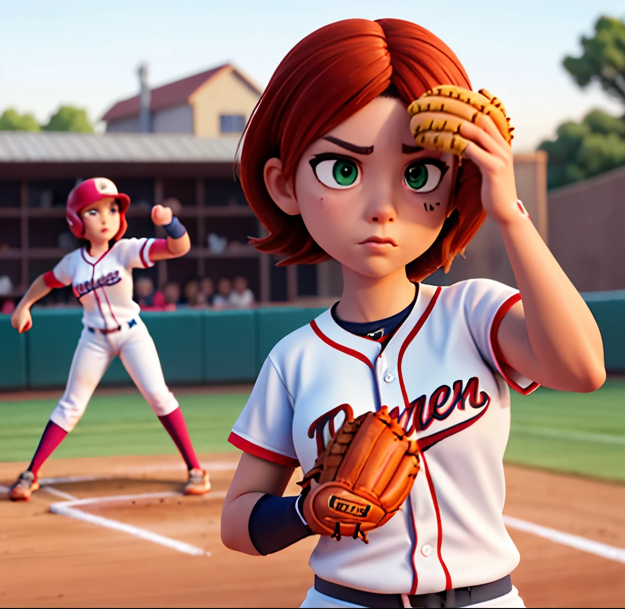 Masterpiece, (watercolor:1.3), (short stack:1.1), forward facing, eyes on camera, serious expression, (action shot:1.4) , (upper body strength:1.3), contrapposto (tattoo:1), softball pitcher, auburn hair, green eyes, (string bikini:1), pitching a softball at viewer, (focus on softball in foreground:1.4), sunny, natural lighting, High definition, excellent resolution, excellent quality, insane detail, semi realistic, postprocessed, crisp face, facial features, extremely detailed, facial features