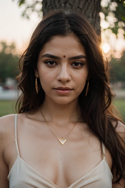 1 indian girl,(sharp focus), blurry background, depth of field, earrings, hair over one eye, jewelry, lips, long hair, necklace, ring, sunlight, sunset, golden hours, tree, upper body, ((shot on arri alexa LF)), bokeh , (extremely symmetrical perfect face)