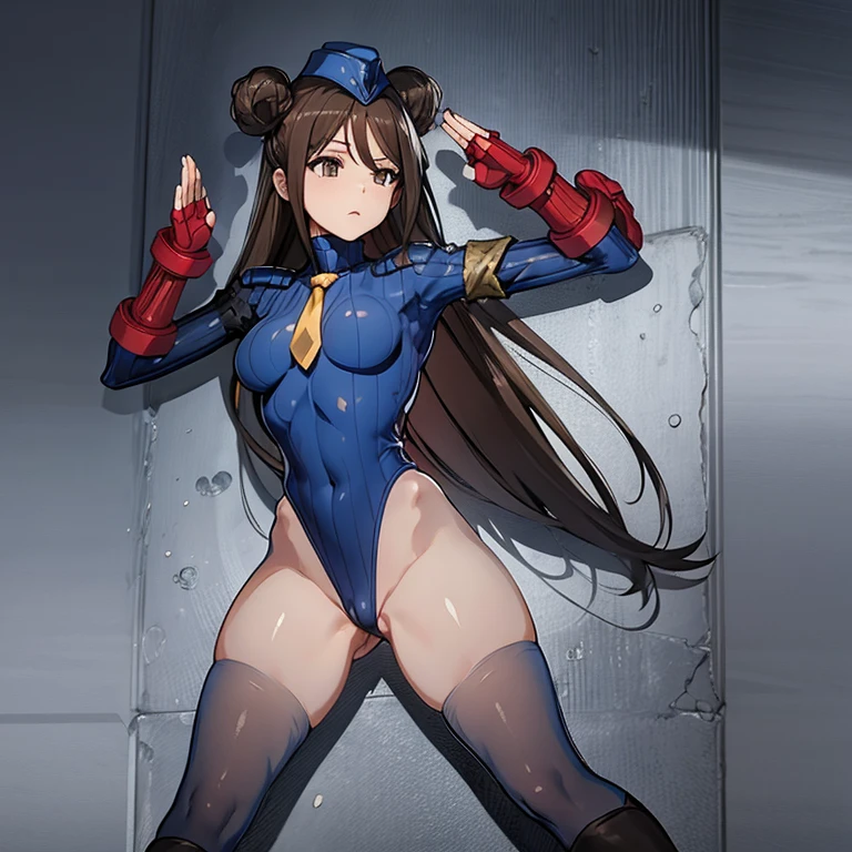 ultra-detailed, Explicit, Beautiful body, Beautiful Nose, Beautiful character design, perfect eyes, perfect face, ultra highres, 4K, beautiful legs, perfect legs, Nice hands, Perfect hand, Masterpiece, Best Quality, Highly detailed, illustration, absurdres, street fighter, doll suit, shadaloo doll, dollsuit, expressionless, blank eyes, looking at viewer, red gloves, emotionless, black latex, corrution, mind control, female combatant, full body, hypnotized, unhappy trance, full body suit, ribbed bodysuit, both arms at side, obey, perfect female body, extremely glossy latex, hypnosis, hypnoLora, empty eyes, Mind control device, poses, submissive_pose, Slave, hat, necktie, stand up straight, standing, standing at attention, hat, necktie, belt, latex, ribbed bodysuit, thighhighs, garter belt, Fighting Stance, extending the right arm from the shoulder into the air with a straightened hand, nazi saluting, military, military saluting, salute, thigh boots, 1girl, Falanya Elk Arbalest, Tensai Ouji no Akaji Kokka Saisei Jutsu, brown hair, long hair, hair bun, ember eyes