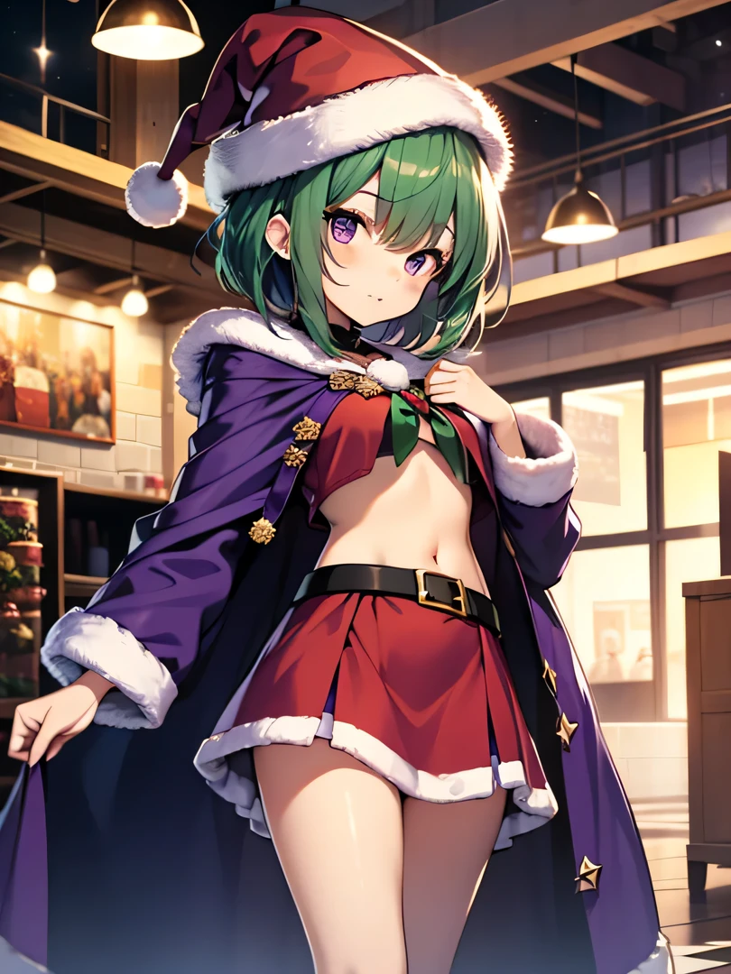 top-quality、extremely delicate and beautiful、(A age girl)、Purple Eye、Green hair、small tits、short-haired、(Purple pointy hat)、Soio、santa costume、santa claus vice、shortsleeves、Purple skirt、Purple Wizard Robe、Navel、is standing