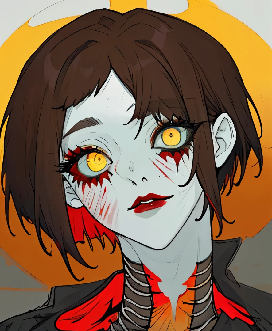 brunette color hair, short detailed hair, bluntbangs, yellow-eyed, Red makeup, sportrait,spiral eyes,dead body