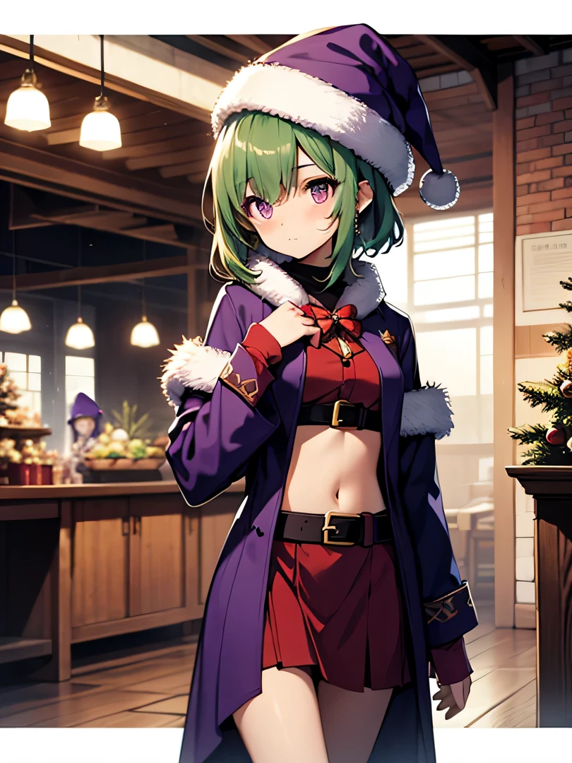 top-quality、extremely delicate and beautiful、(A age girl)、Purple Eye、Green hair、small tits、short-haired、(Purple pointy hat)、Soio、santa costume、santa claus vice、shortsleeves、Purple skirt、Purple Wizard Robe、Navel、is standing、gift box on the right