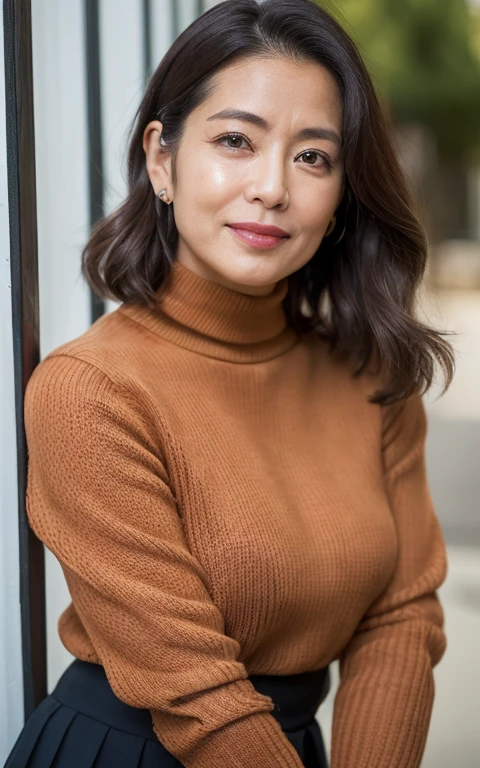 Best Quality, hight resolution, Hires, Skin definition, Detailed skin, Detailed eyes, Detailed face, 4K, 日本人A MILF, ((独奏)), (((55 years old))), (Wrinkles at the corners of the eyes:1.6), (nasolabial folds:1.3), A MILF, glamor, A sexy, Chromo-white skin, ((Wavy Longhair)), Looking at Viewer,(((my skin is old))), ((muscles are old)), (((A slender))), ((Saggy udder)), (Saggy buttocks), ((Japanese Models)), 4K, (photoRealistic:1.5), Realistic, nffsw, Beautiful, Bimbo, Perfect makeup, small diamond necklace, piercings, ((Brown coat, White turtleneck sweater, Argyle pattern pleated skirt, Black long boots )), ssmile, Public places,