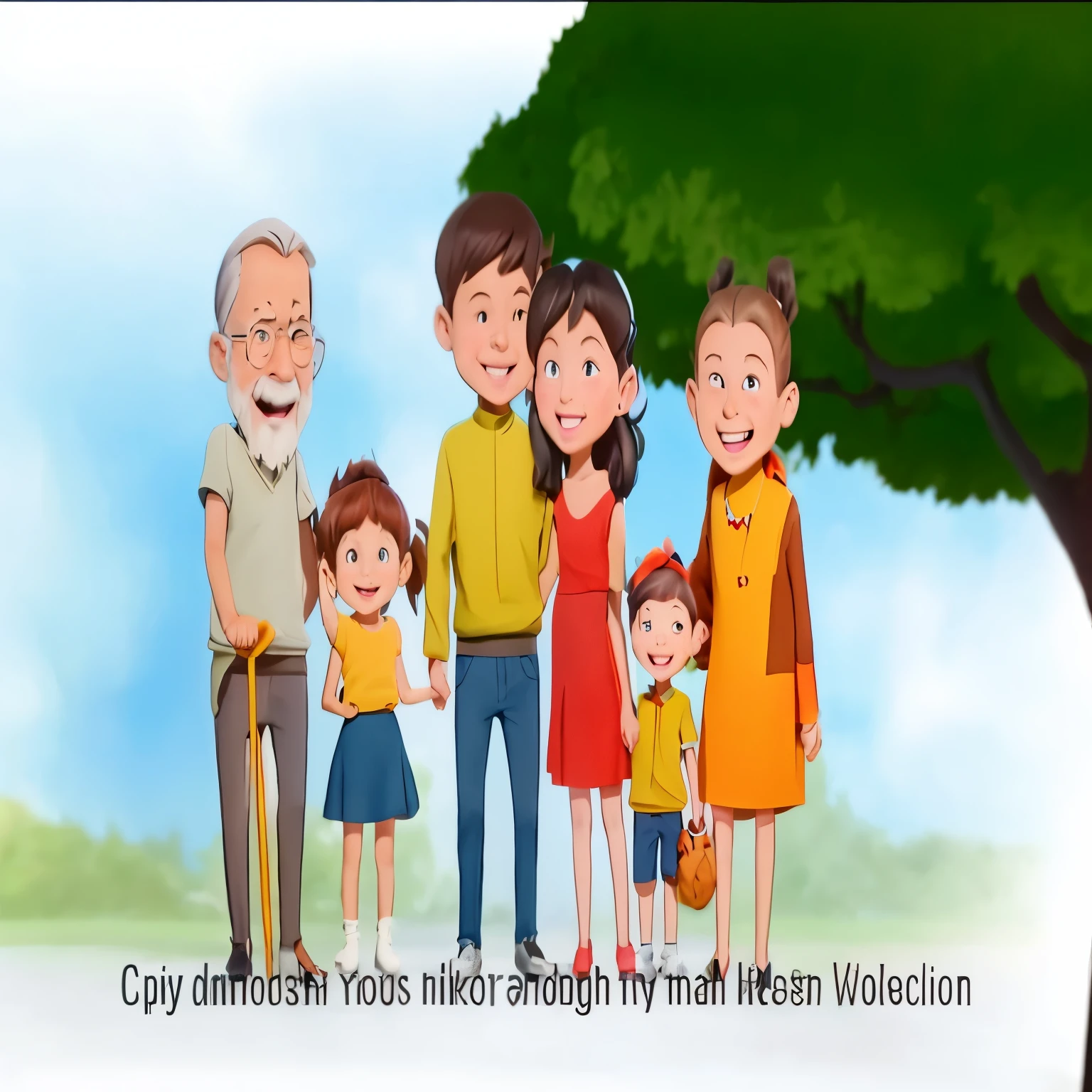 cartoon of a family of four standing together in front of a tree, children's cartoon, by Kazimierz Wojniakowski, kids, cartoon illustration, by Ingrida Kadaka, children, of a family standing in a park, animation film still, cartoon still, by Hugh Hughes, cartoon image, by Ivan Mrkvička, profile pic