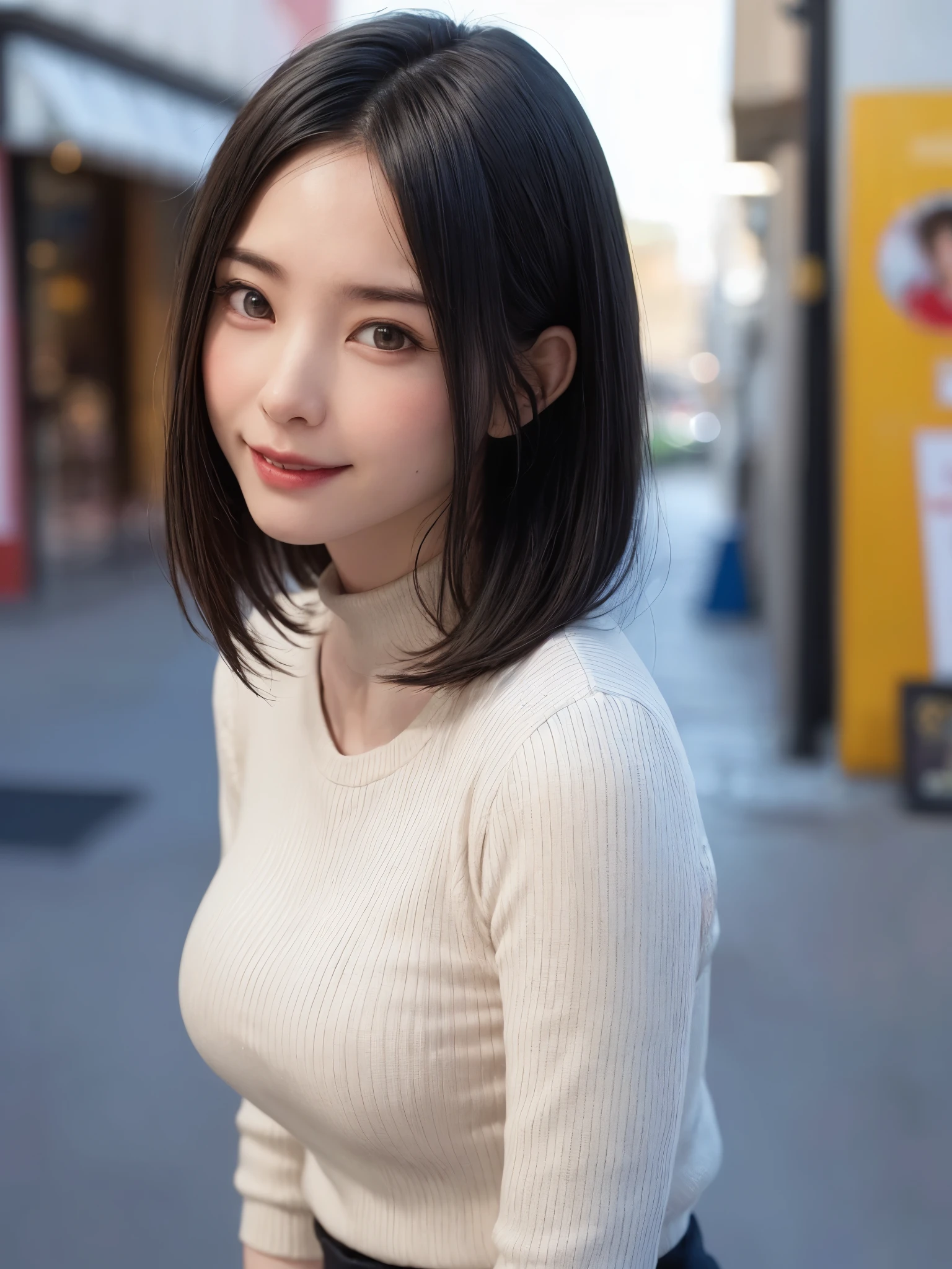 (masutepiece, top-quality、high-detail:1.4、Very attractive beauty、Add intense highlights to the eyes、Look firmly at the camera:1.4、A beautiful woman full of charm、Ideal ratio body proportions、Perfect Anatomy、Brunette Short Bob Hair、Lustrous hair、bangss:1.9、光沢のあるbangss:1.9、lipgloss),1girl in, report, Light brown shiny hair, muffler,realisitic, looking at the viewers、Tilt your head slightly, Bright colored crystal light blue eyes, short shiny hair、 White turtleneck outfit with a hole in the center of the chest,Sexy white turtleneck knit sweater with a round hole in the middle of the chest、 s lips, lipgloss, The upper part of the body、big eye、Lashes、A little red in the face、Embarrassing)、((italian road in winter))、((short hair with big eyes、Put very strong highlights in your students、{Gigantic|Big|Huge|Mega} breasts:1.4、very Bigger breasts、gazing at viewer、Very beautiful beauty、Put your ears out、long neck、little smiling、Beautiful teeth、Open your mouth and smile、Heart-shaped pupil))、28 year old、Very cute supermodel、