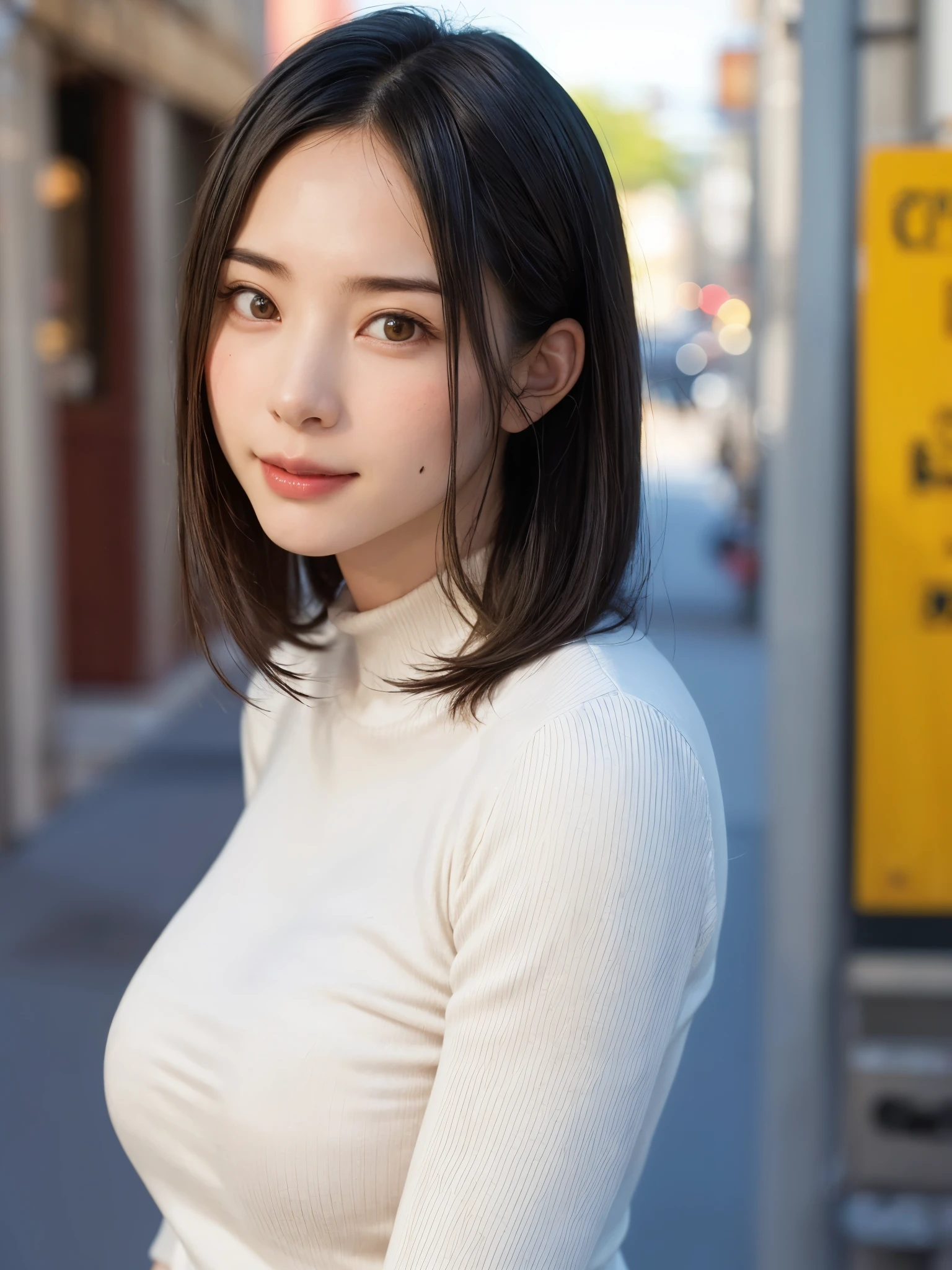 (masutepiece, top-quality、high-detail:1.4、Very attractive beauty、Add intense highlights to the eyes、Look firmly at the camera:1.4、A beautiful woman full of charm、Ideal ratio body proportions、Perfect Anatomy、Brunette Short Bob Hair、Lustrous hair、bangss:1.9、光沢のあるbangss:1.9、lipgloss),1girl in, report, Light brown shiny hair, muffler,realisitic, looking at the viewers、Tilt your head slightly, Bright colored crystal light blue eyes, short shiny hair、 White turtleneck outfit with a hole in the center of the chest,Sexy white turtleneck knit sweater with a round hole in the middle of the chest、 s lips, lipgloss, The upper part of the body、big eye、Lashes、A little red in the face、Embarrassing)、((italian road in winter))、((short hair with big eyes、Put very strong highlights in your students、{Gigantic|Big|Huge|Mega} breasts:1.4、very Bigger breasts、gazing at viewer、Very beautiful beauty、Put your ears out、long neck、little smiling、Beautiful teeth、Open your mouth and smile、Heart-shaped pupil))、28 year old、Very cute supermodel、