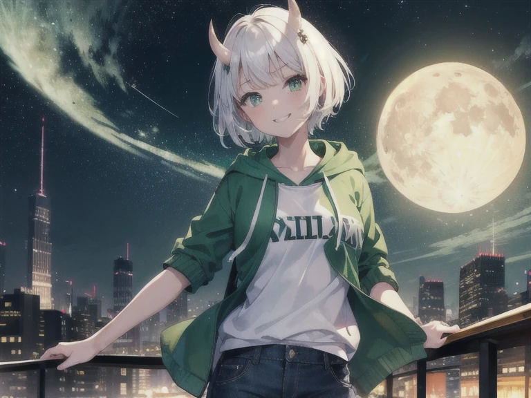 Best quality, Masterpiece, 1 girl, white short hair, green eyes, wear green hoodie and farmer pants, oni horns, smile, city background, Night, stars in the sky, Moon