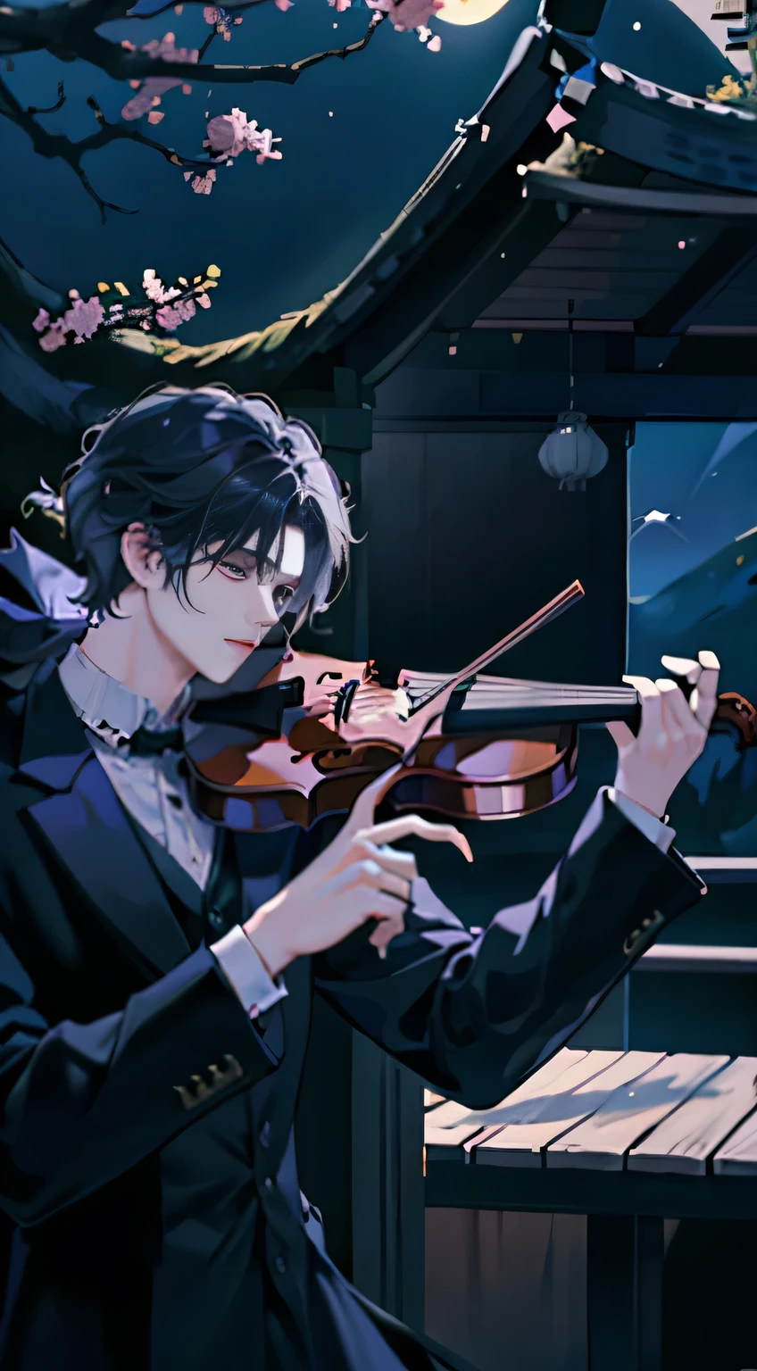 There was a man playing the violin in the dark, cai xukun,  video static, horijun chengt, taran fiddler, fantasy violin, Inspired by Song Maojin, standing on top of a violin, Still from music videos, Inspired by Bian Shoumin, Enter smoothly _ Background with, hori, Xiaorong