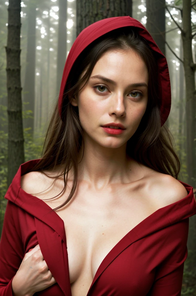 (((topless)))(((a naked))) Red Riding Hood,illustration,wolf,dark forest,beautiful girl,surprised expression,detailed eyes and lips,best quality,ultra-detailed,fairy tale fantasy,enchanted atmosphere,warm color tone,soft lighting