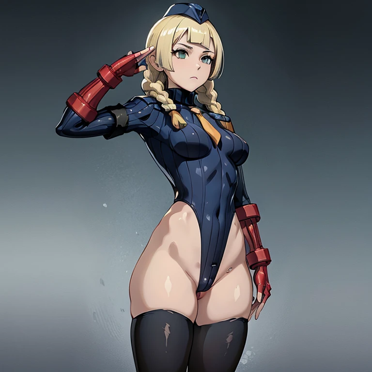 ultra-detailed, Explicit, Beautiful body, Beautiful Nose, Beautiful character design, perfect eyes, perfect face, ultra highres, 4K, beautiful legs, perfect legs, Nice hands, Perfect hand, Masterpiece, Best Quality, Highly detailed, illustration, absurdres, street fighter, doll suit, shadaloo doll, dollsuit, expressionless, blank eyes, looking at viewer, red gloves, emotionless, black latex, corrution, mind control, female combatant, full body, hypnotized, unhappy trance, full body suit, ribbed bodysuit, both arms at side, obey, perfect female body, extremely glossy latex, hypnosis, hypnoLora, empty eyes, Mind control device, poses, submissive_pose, Slave, hat, necktie, stand up straight, standing, standing at attention, hat, necktie, belt, latex, ribbed bodysuit, thighhighs, garter belt, Fighting Stance, extending the right arm from the shoulder into the air with a straightened hand, nazi saluting, military, military saluting, salute, thigh boots, 1girl,  Pokemon, Lillie / Lilie, green eyes, twin braids, blode hair, long hair