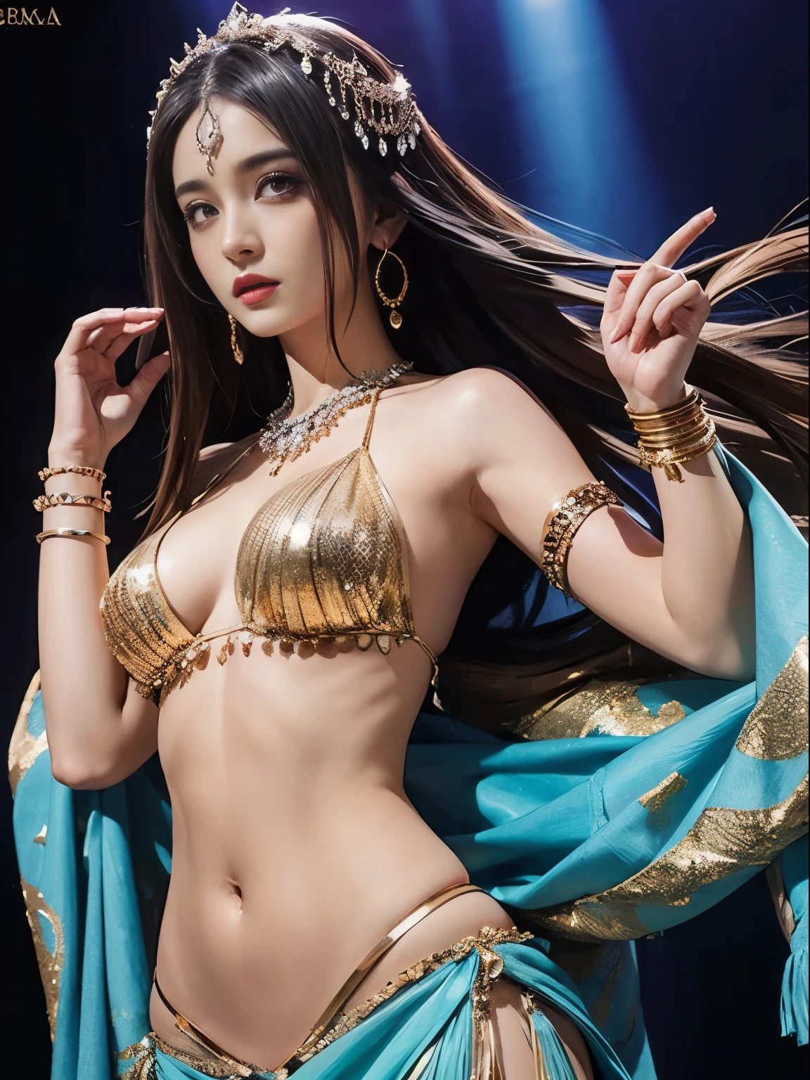 belly dancer, medium breasts, Perfect body, All are of high quality, Random background, Anime Girl,