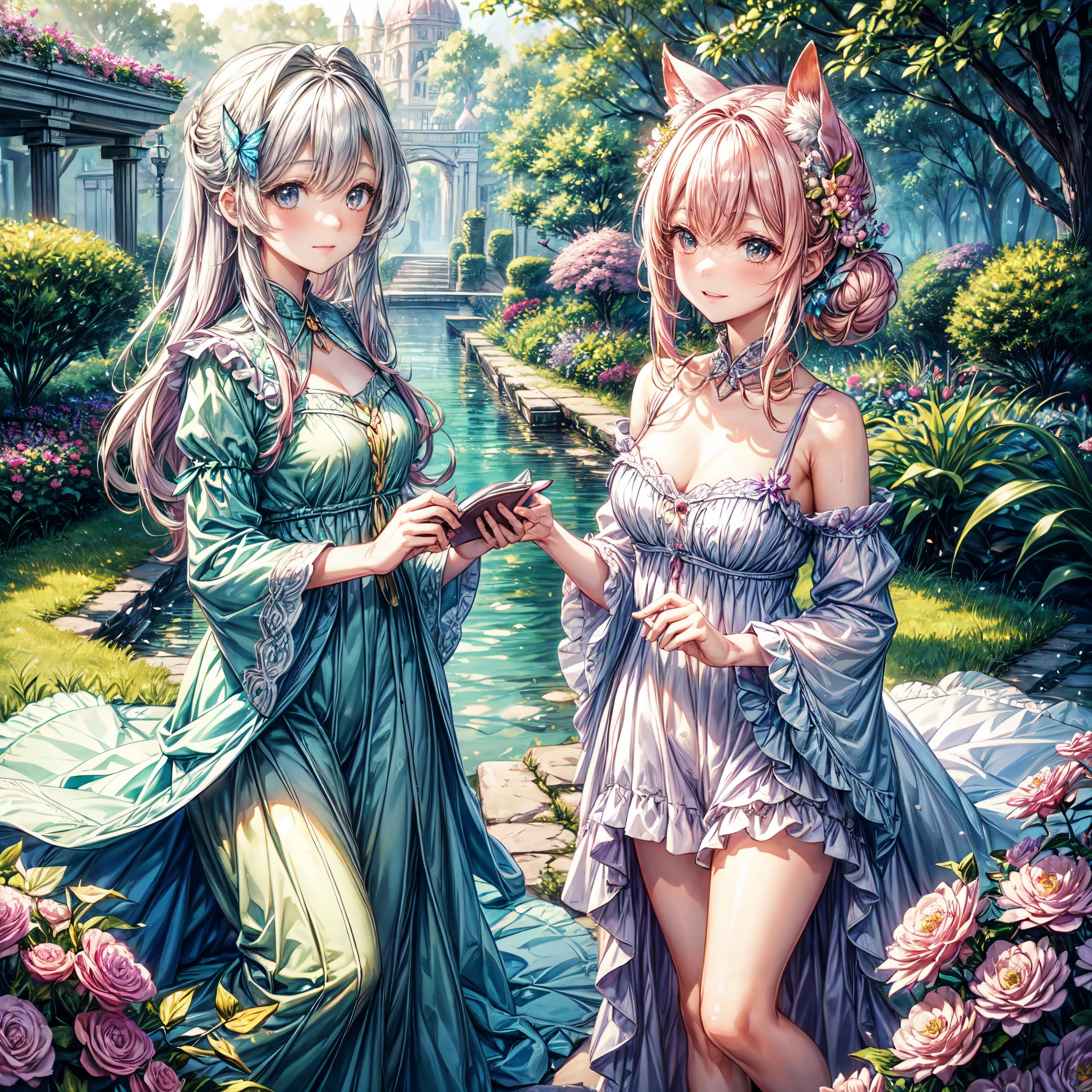 (best quality, 8k, masterpiece:1.2, nsfw ),Cutest,Cute girl,mesugaki,Beautiful face,Beautiful eyes,Beautiful hair, Light pink hair,Lots of colorful flowers,sunshine,peaceful garden,summer dress,holding a book,smiling,golden hour lighting,vibrant colors,happy expression,
soft breeze,gentle makeup,freckles,blonde hair,flowing dress,pastel colors,fairytale atmosphere,fluttering butterflies,dreamy atmosphere,vivid greenery。
