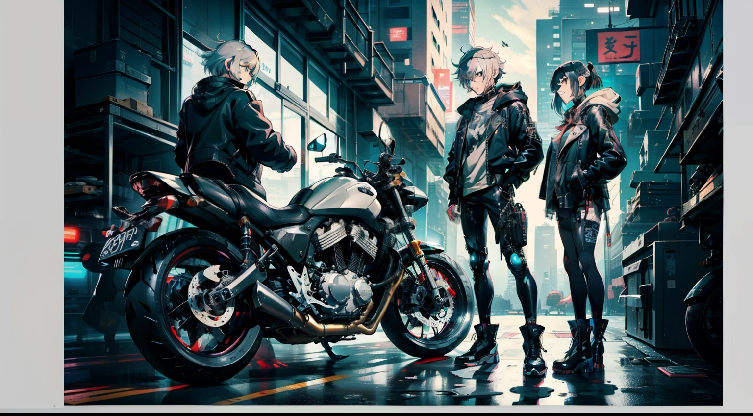 cyberpunked、girl with、mechanic、comical、Anime style、Gray and dark hair、motor bikes、Rider Jacket、punk coloring、sity、ナイトsity、group