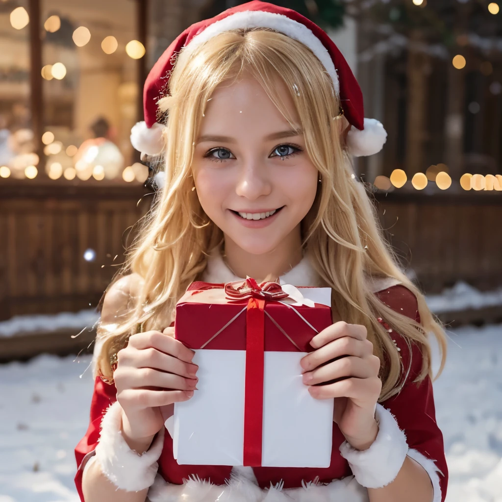 "Blonde Elf in cute outfits made of fabric snowflakes unpacks a gift from Santa. Describe the moment, when she feels, how joy spreads through her heart, like the magic of New Year&#39;friendship. How would you convey this moment through the process of spreading holiday magic????"