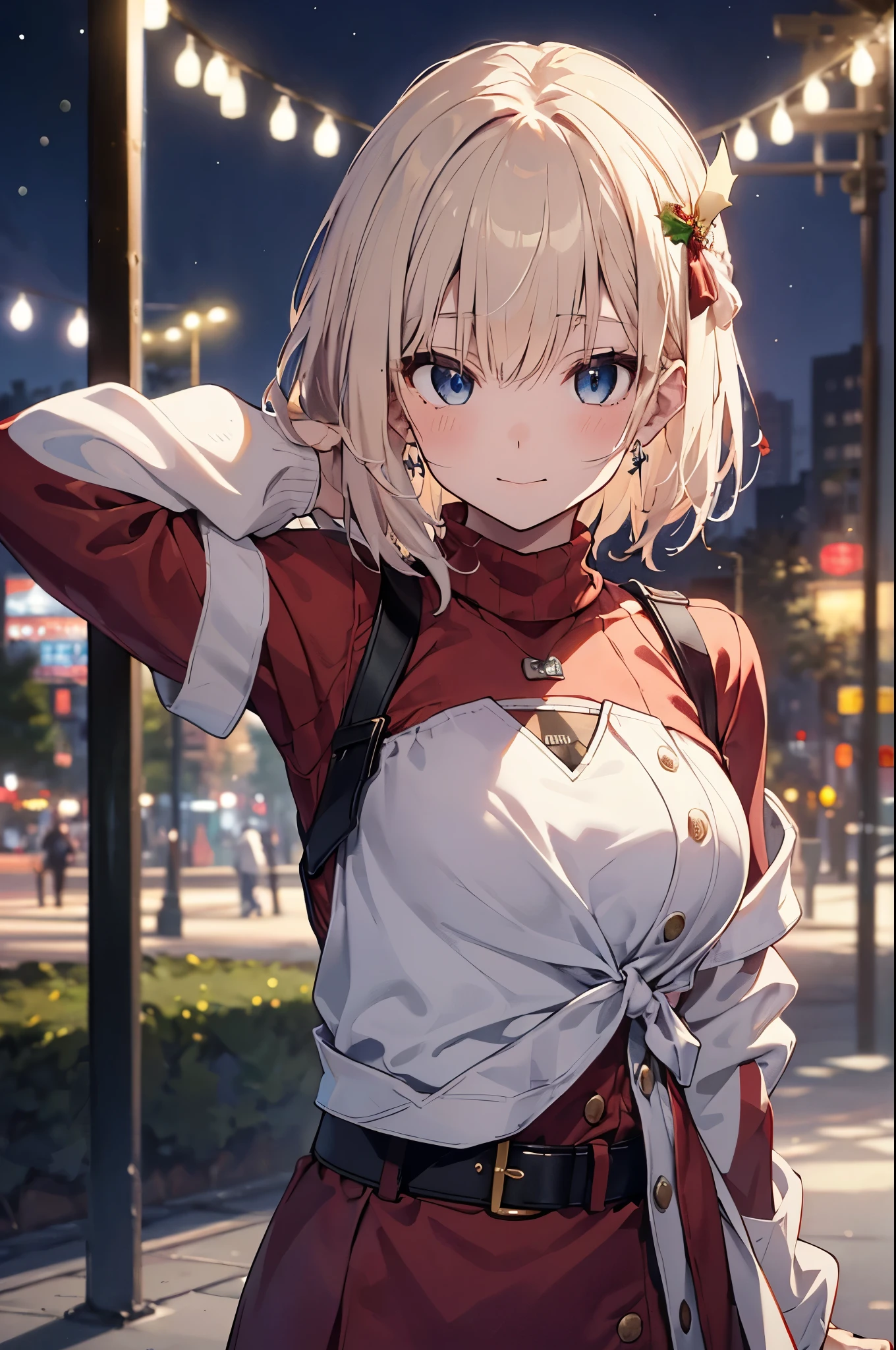 (Girl with a nasty appearance:1.3)、(Daytime:1.5)、(and chest:1.4)、Raw photography, top-quality, hight resolution, (masterpiece), (Photorealsitic:1.4), (Mole under the eyes),Anime , foco nítido, nffsw, 8K分辨率, intricate detailes, depth of fields, the Extremely Detailed CG Unity 8K Wallpapers, front lit, femele,25-years old、 Happy face,(tying hair:1.5)、see -through、(Medium Hair)、blue eyess,(a park:1.5)、(Turtleneck Knit Jacket:1.3)、(Full body depiction)、winter atmosphere、Christmas、illuminations、santa、morning、Daytime、(santaのコスプレ:1.5)
