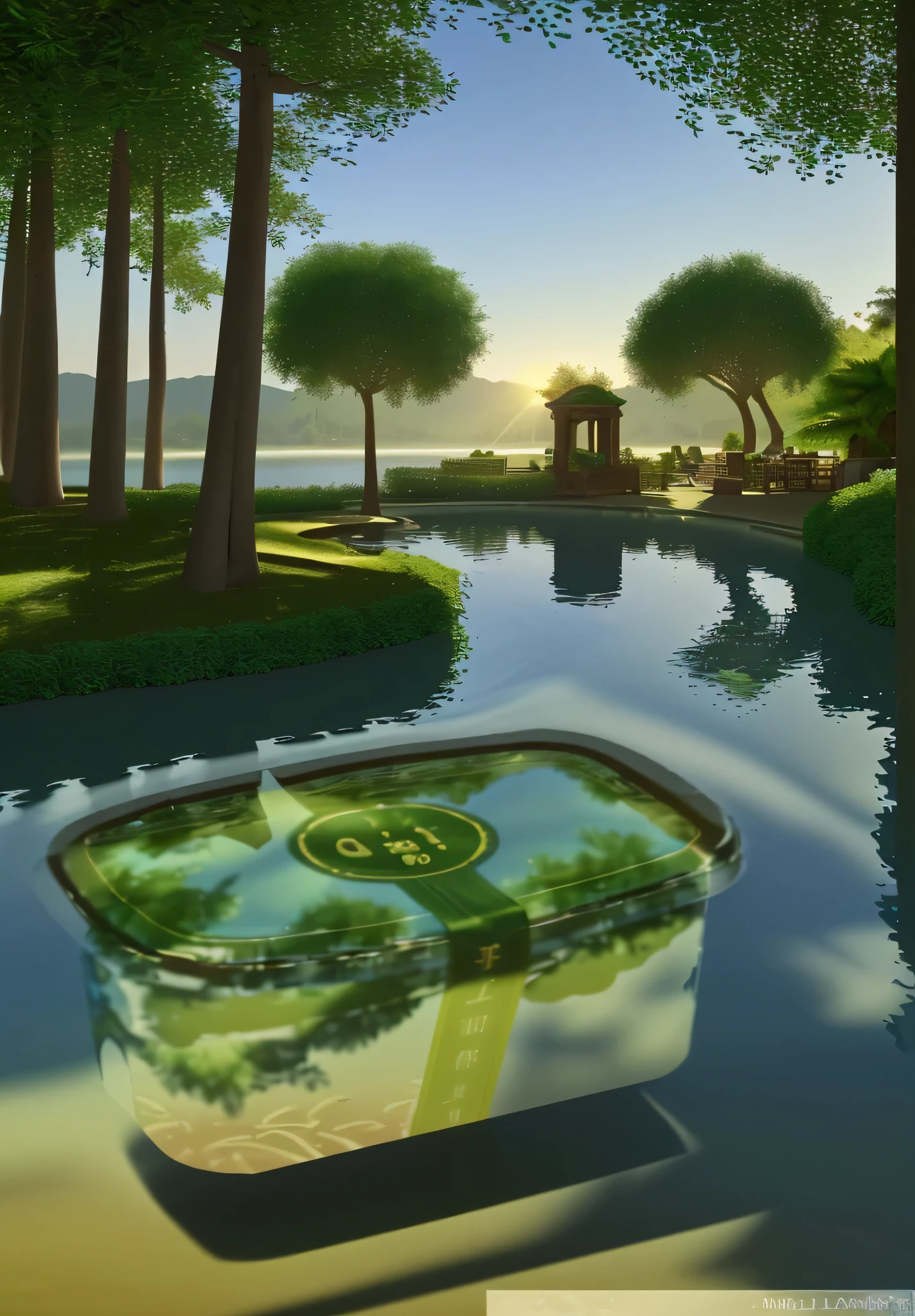 A piece of cake,The backdrop is a real oasis,An oasis with real trees and bushes,Oasis and lake themes,A lot of detail,ray traycing,Cinematic light and shadow,Super quality,Correct and perfect composition