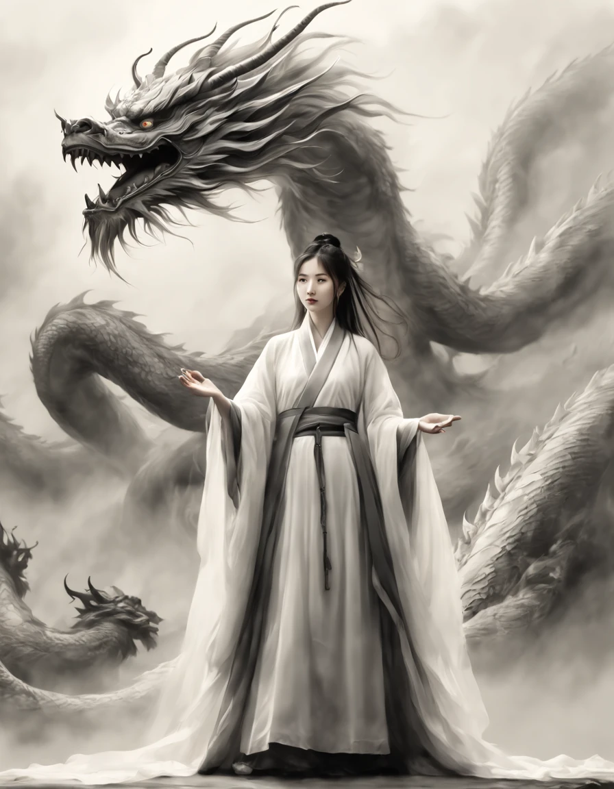 China style，中景 the scene is，The Taoist priest stood in front of a huge transparent dragon，reaching out her hands，Long messy hair，Glow effect，Hyper-realistic，Ultra photo realsisim，Chinese black and white ink style，Silver，Decolorization，Smudge，Inky，8K，super-fine，high qulity，OC renderer