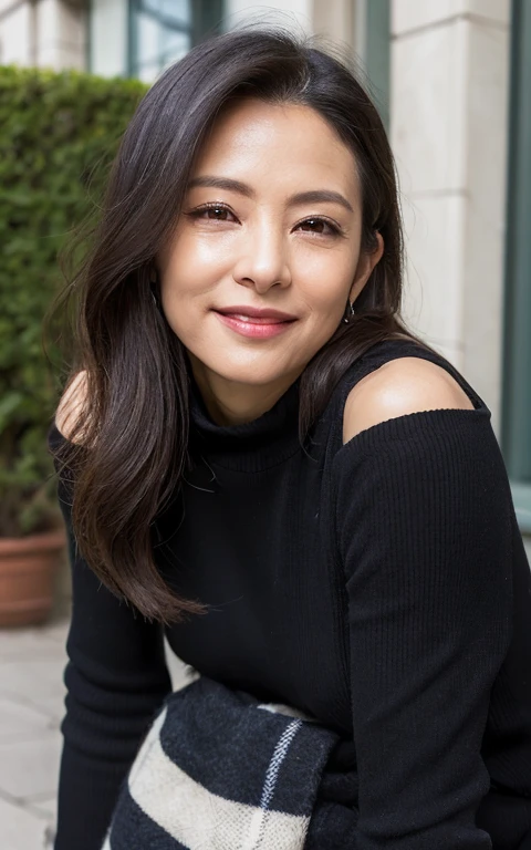 Best Quality, hight resolution, Hires, Skin definition, Detailed skin, Detailed eyes, Detailed face, 4K, 日本人A MILF, ((独奏)), (((55 years old))), (Wrinkles at the corners of the eyes:1.6), (nasolabial folds:1.3), A MILF, glamor, A sexy, Chromo-white skin, ((Wavy Longhair)), Looking at Viewer,(((my skin is old))), ((muscles are old)), (((A slender))), ((Saggy udder)), (Saggy buttocks), ((Japanese Models)), 4K, (photoRealistic:1.5), Realistic, nffsw, Beautiful, Bimbo, Perfect makeup, small diamond necklace, piercings, ((Brown coat, White off-shoulder, Houndstooth plaid pleated skirt, (Black long boots) )), ssmile, Public places,