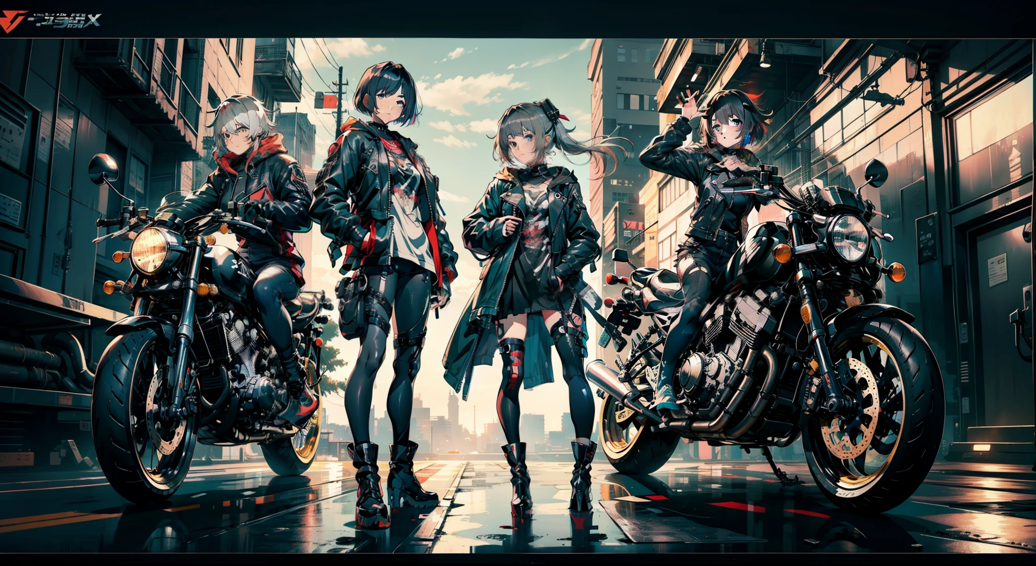 cyberpunked、girl with、mechanic、comical、Anime style、Gray and dark hair、motor bikes、Rider Jacket、punk coloring、sity、ナイトsity、group