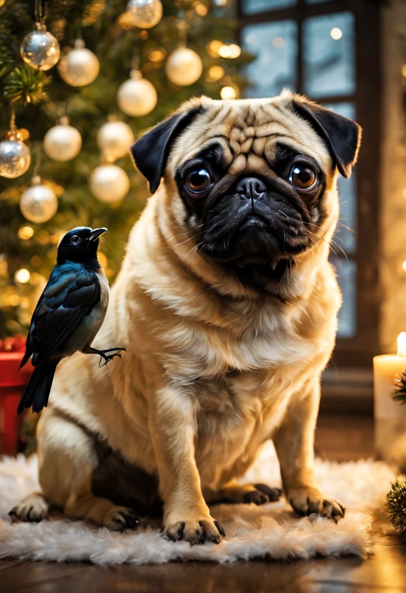 1Pug and 1little black bird,animal picture,cute,cerebrate christmas,in the the room,((luminous effect)),fantastic, best quality, masterpiece
