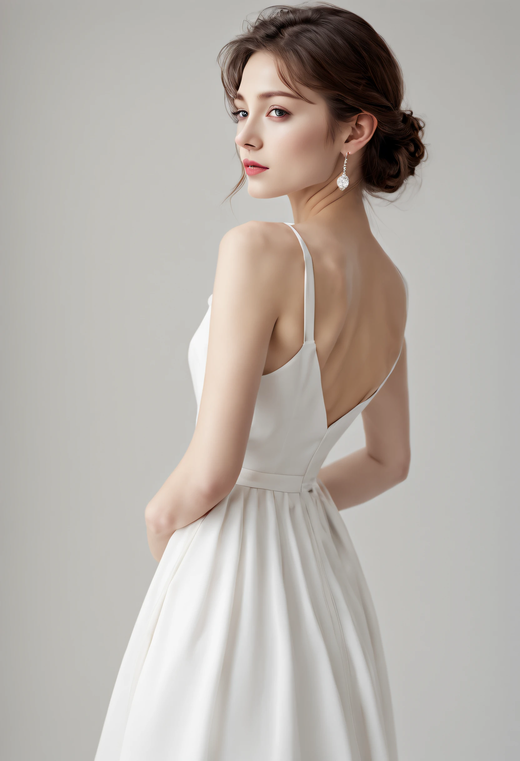 A young girl in a white dress,Draw shoulders looking back,PR photos,Studio white background,Minimalist real-life shooting,realistic yet romantic,charming poster,subtle elegance,Smooth and shiny,light white and light red,Exquisite aesthetic feeling,Popular inspiration,Delicate curves,elegant reality,Best quality,studio light