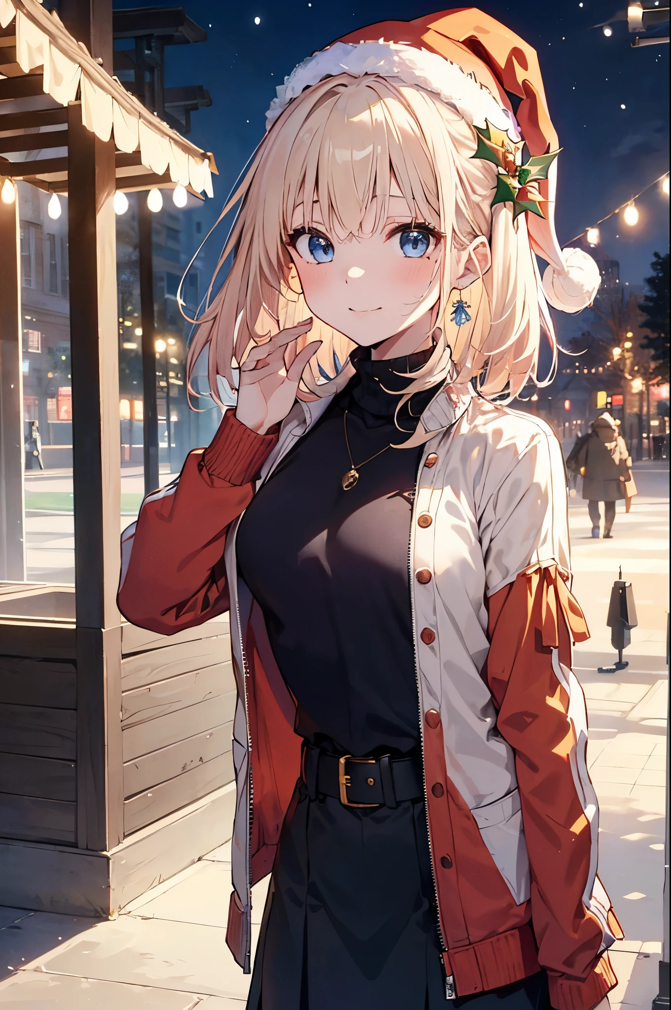 (Girl with a nasty appearance:1.3)、(Daytime:1.5)、(and chest:1.4)、Raw photography, top-quality, hight resolution, (masterpiece), (Photorealsitic:1.4), (Mole under the eyes),Anime , foco nítido, nffsw, 8K分辨率, intricate detailes, depth of fields, the Extremely Detailed CG Unity 8K Wallpapers, front lit, femele,25-years old、 Happy face,(tying hair:1.5)、see -through、(Medium Hair)、blue eyess,(a park:1.5)、(Turtleneck Knit Jacket:1.3)、(Full body depiction)、winter atmosphere、Christmas、illuminations、santa、morning、Daytime、(santaのコスプレ:1.5)