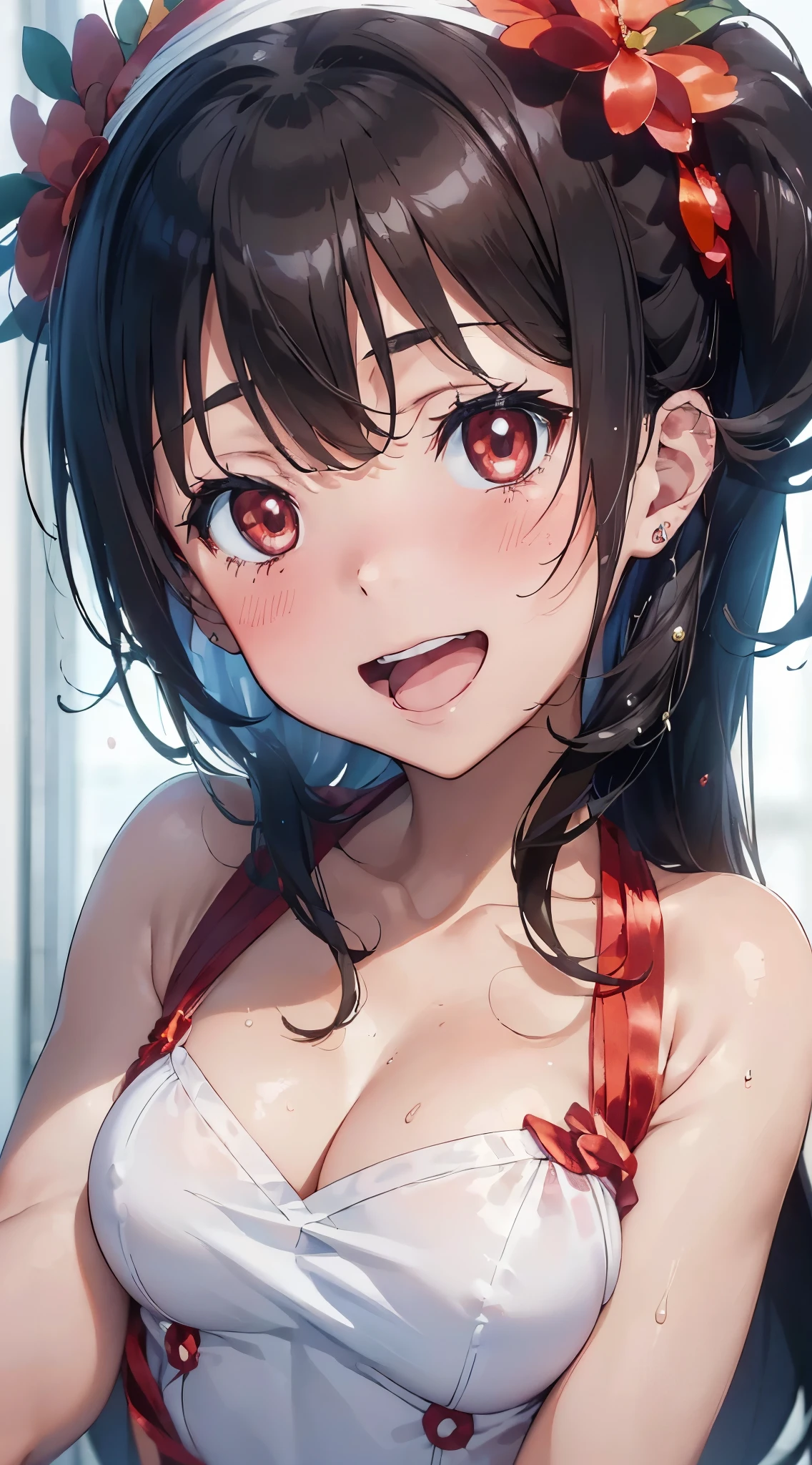 1womanl,Black hair,years ,(()),Beautiful breasts,(((sexy white and red shiny cheongsam)))(())(((Blushing cheeks、Smile with open mouth)),(((Satin Narico))),((( portlate))),we have blue eyelashes)))(Wet with sweat)Street,Crowds(magical girl hair ornament)