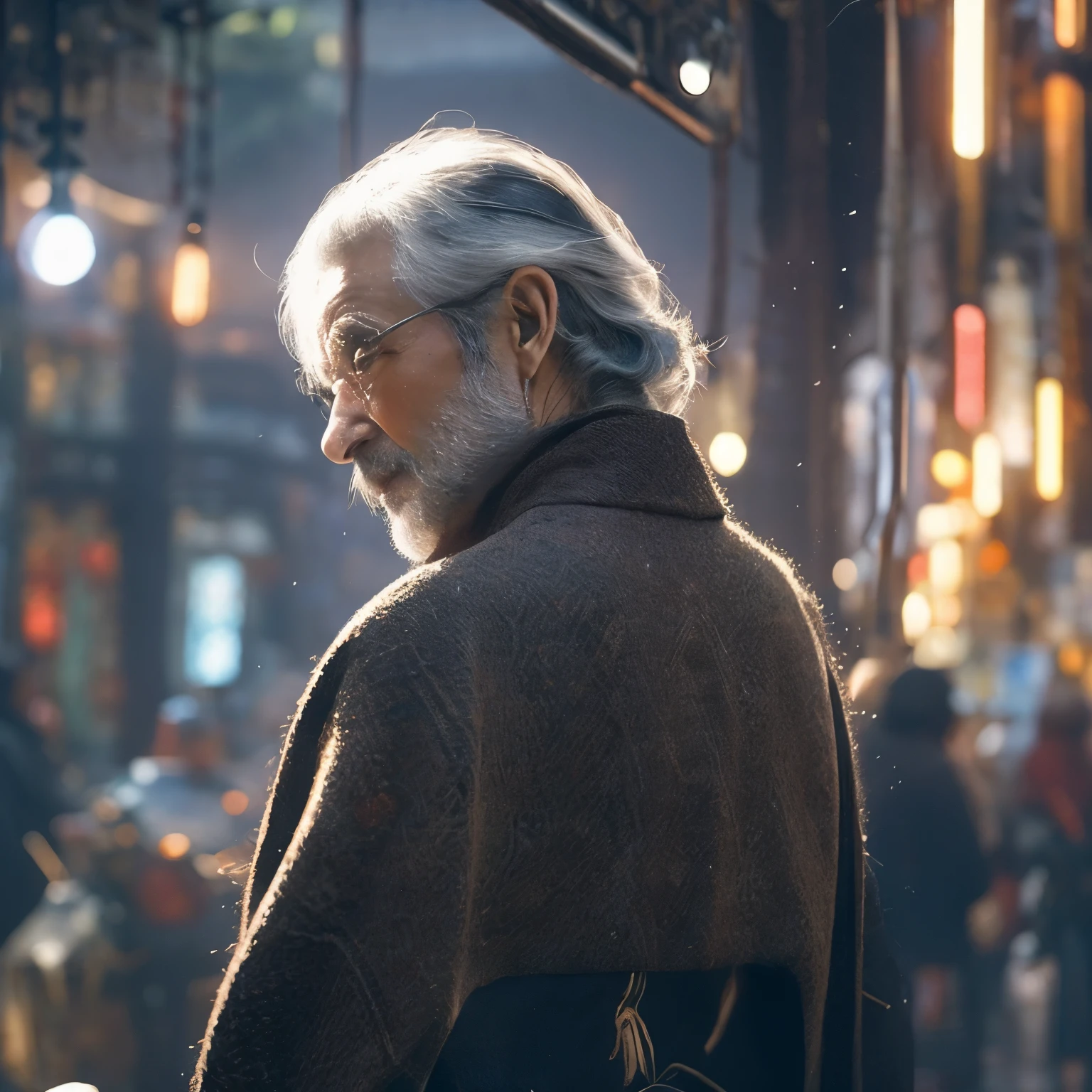 An anthropomorphic figure with a slender physique and gray hair, his back turned.
