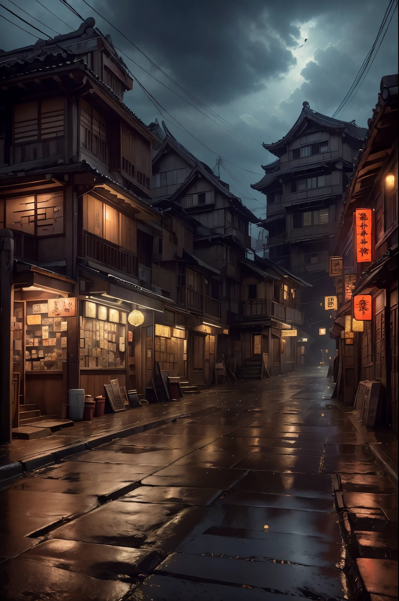 Feder village view,There are many lanterns on the building,Dream Chinatown,streetview,Corner store,very long street,stairways,China Village,Stunning wallpapers,Japanese mountain town,Japan Village,surreal photo of a small town,old asian village,(The sky in the distance is covered with dark clouds),Japan city,Raymond Han,rainy evening, Cyberpunk ancient Chinese castle, well-lit building, Late afternoon,in the rain, Beautiful and beautiful, photography of, 电影灯光, 8K, high detal ((heavy rain poured))),like a dream_A WORLD,